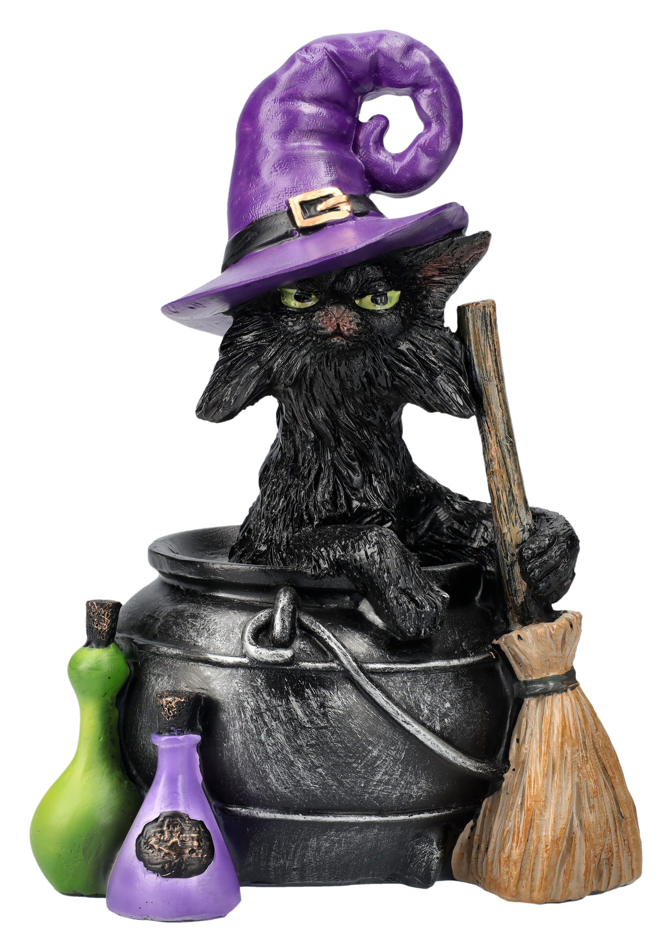Figuren Shop GmbH Fantasy-Figur Hexen-Katzen-Figur sitzt in Zauberkessel - Fantasy Dekofigur Tierfigur