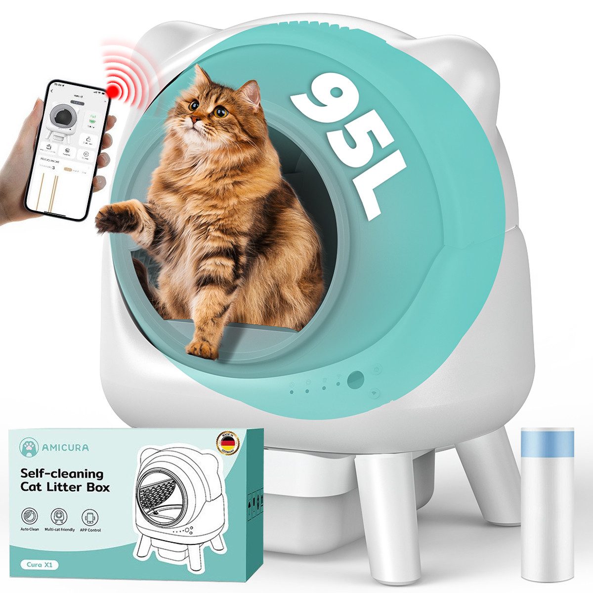 AmiCura Katzenecktoilette 2026 katzenklo selbstreinigend 95L/12 selbstreinigende katzentoilette, Katzentoilette Katzenklo 95L+12L Große 32 dB sicher für Mehrere Katzen