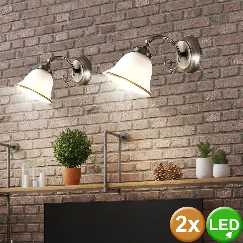 etc-shop LED Wandleuchte, Leuchtmittel inklusive, Warmweiß, 2er Set Antik  Stil Wand Lampe Wohn Zimmer Altmessing Glas