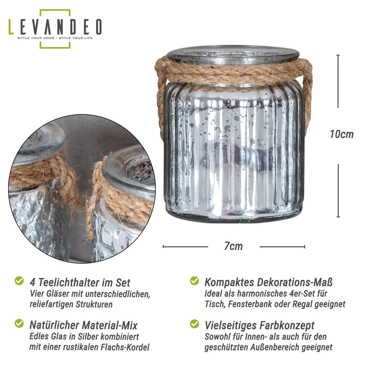 Levandeo® Teelichthalter, 4er Set Windlicht Glas Silber H10cm Teelichthalter Tischdeko Kerzen