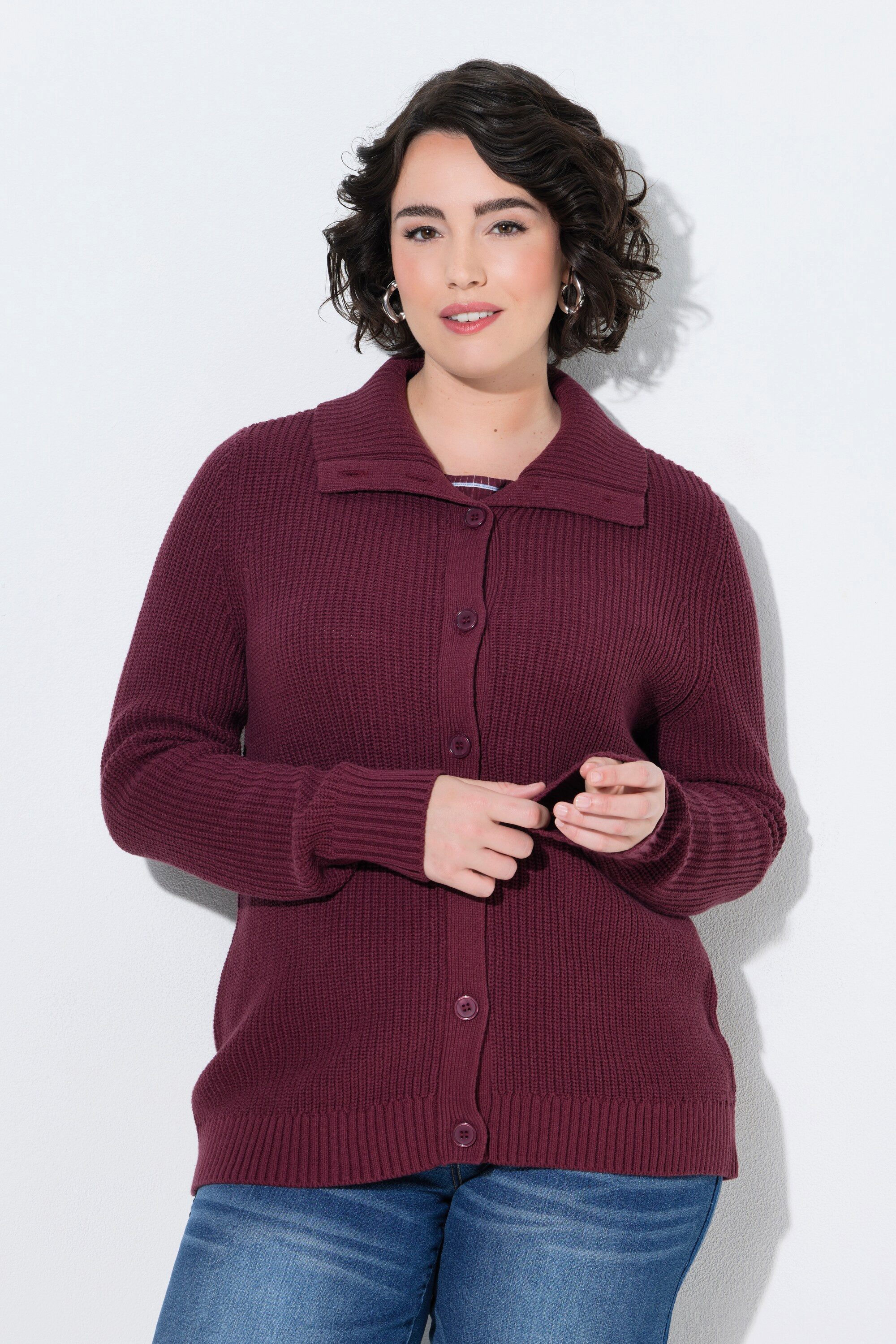Ulla Popken Strickjacke Strickjacke Rippstrick Hemdkragen Langarm