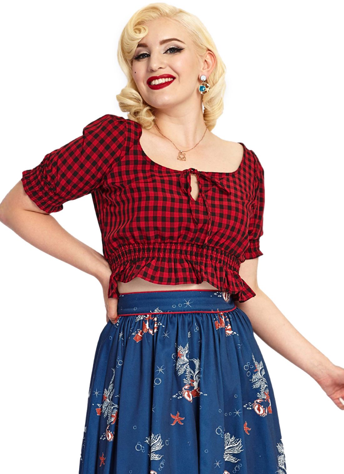 Voodoo Vixen Shirttop Sadie Red Gingham Vintage Classic Retro Oberteil Kariert