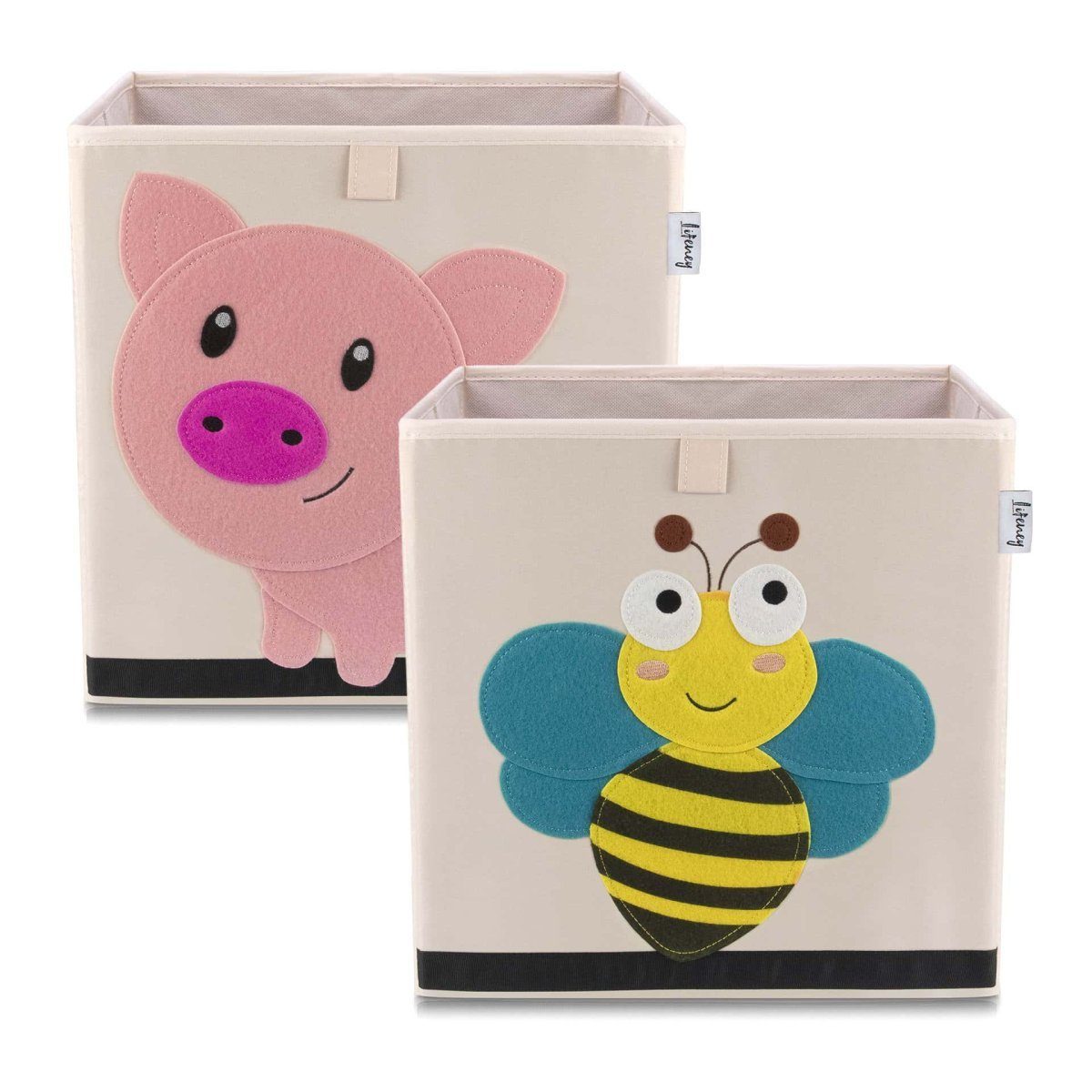 Lifeney Faltbox Aufbewahrungsbox 2er-Set Biene & Schwein, beige, 33x33x33cm