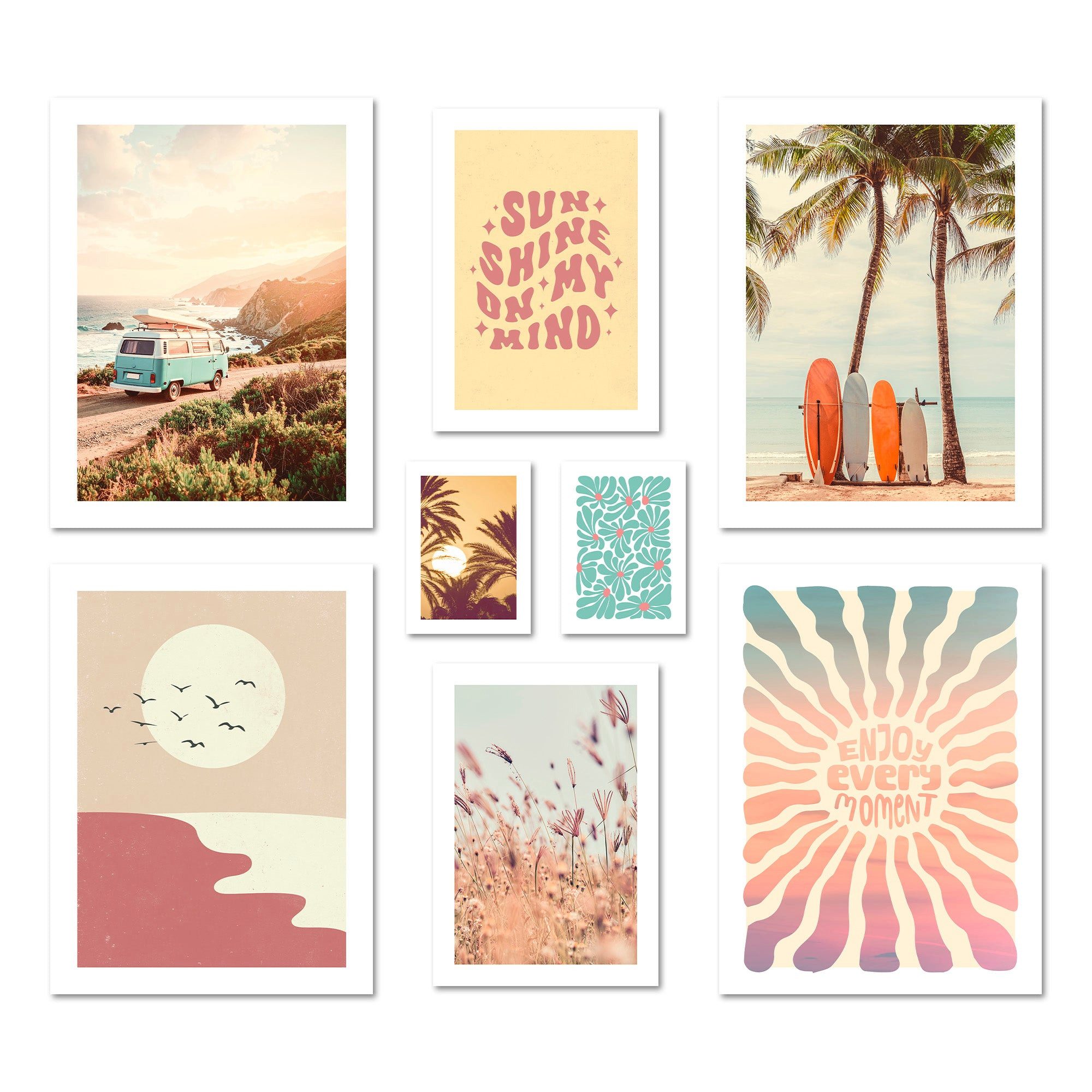 ARTFAVES Bilder-Collage Poster Set Summer Trip I mehrteilige Bilderwand I Wandbilder Sommer, (Wandbilder modern, 8 St)