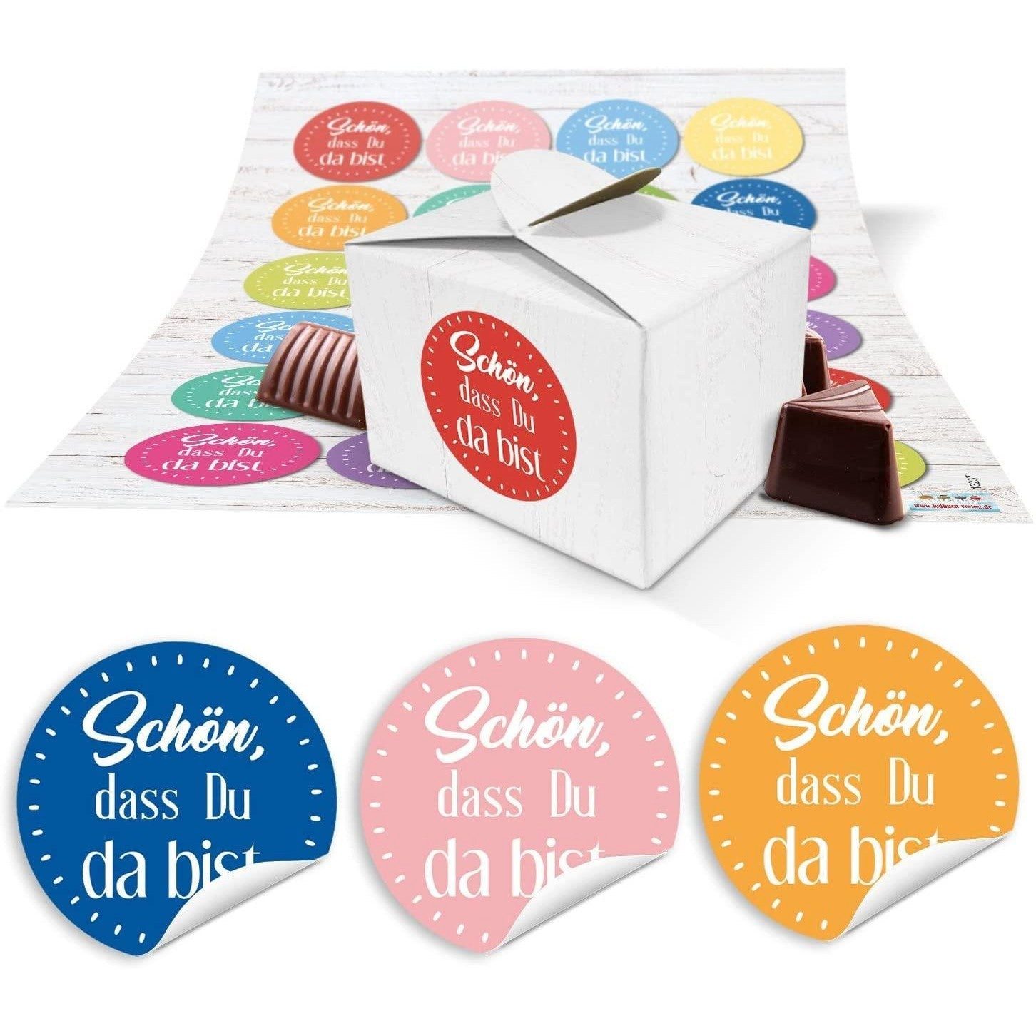 Logbuch-Verlag Aufkleber 24 kleine weiße Geschenkboxen 8 x 6,5 x 5,5 + 24 runde Aufkleber SCHÖN