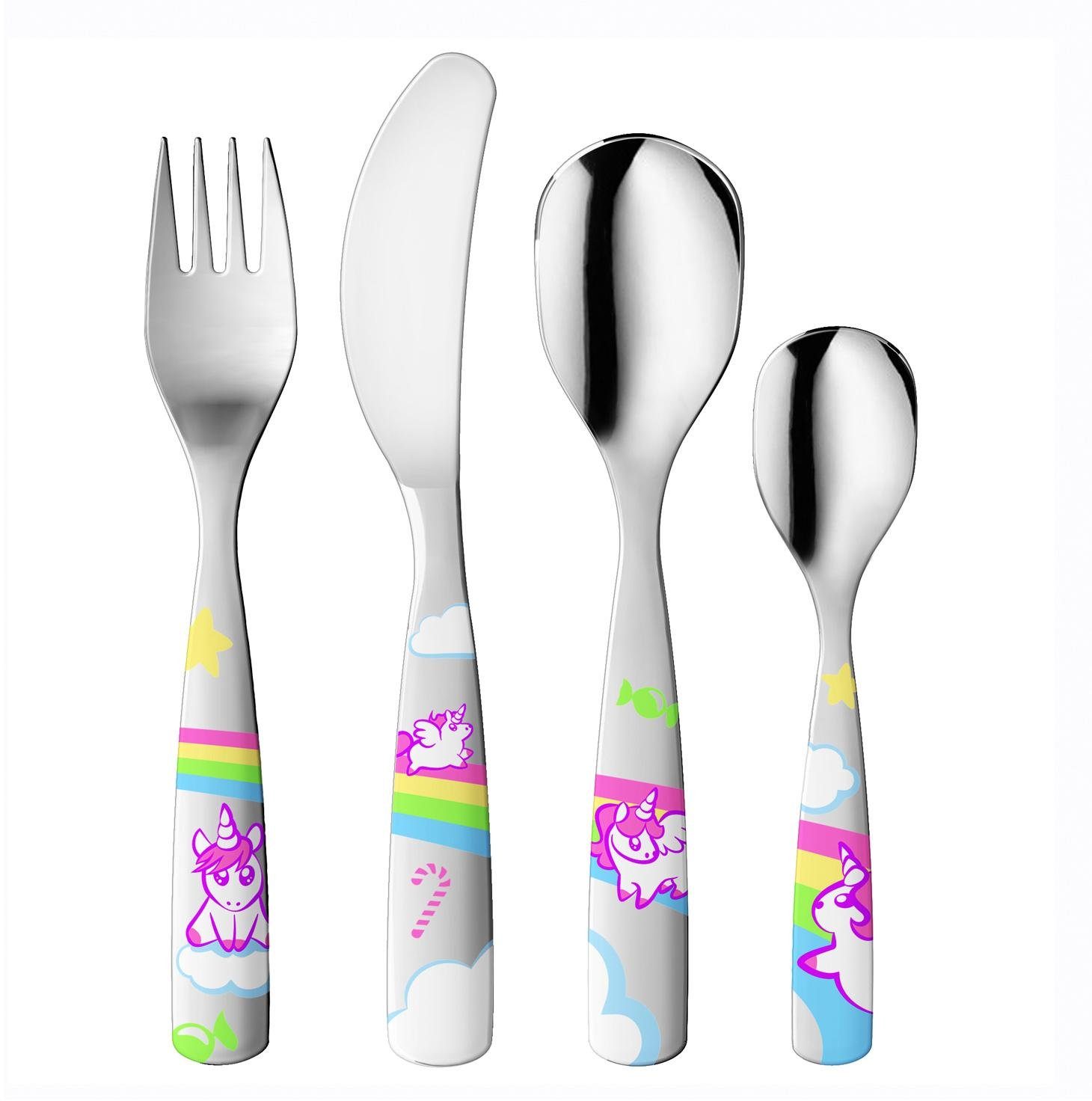gnali & zani Kinderbesteck Kleine Einhörner (4-tlg), 1 Personen, Edelstahl, Made in Italy