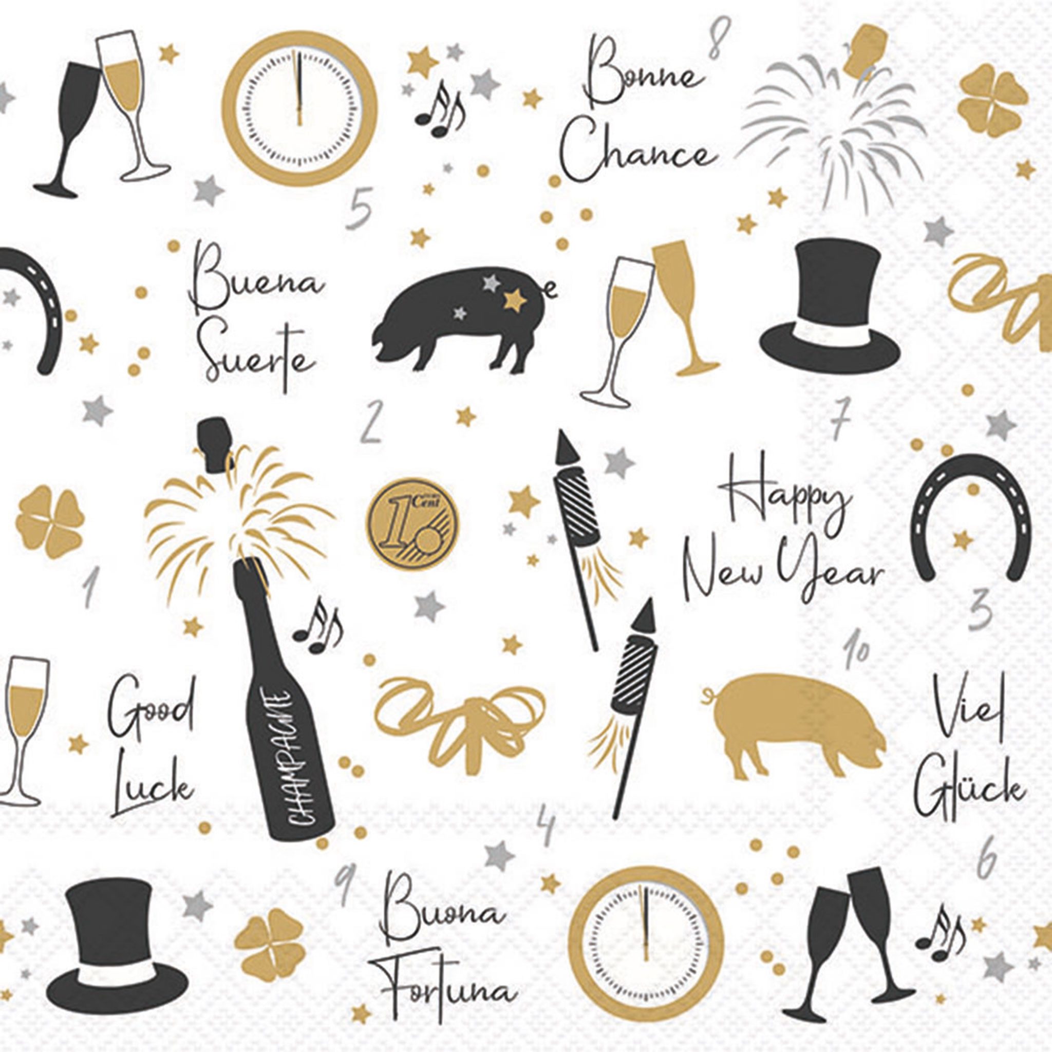 Ambiente Luxury Paper Products Papierserviette, Servietten Papier 33x33cm 3-lagig mit Silvester Glück Motiv 20 Stk.