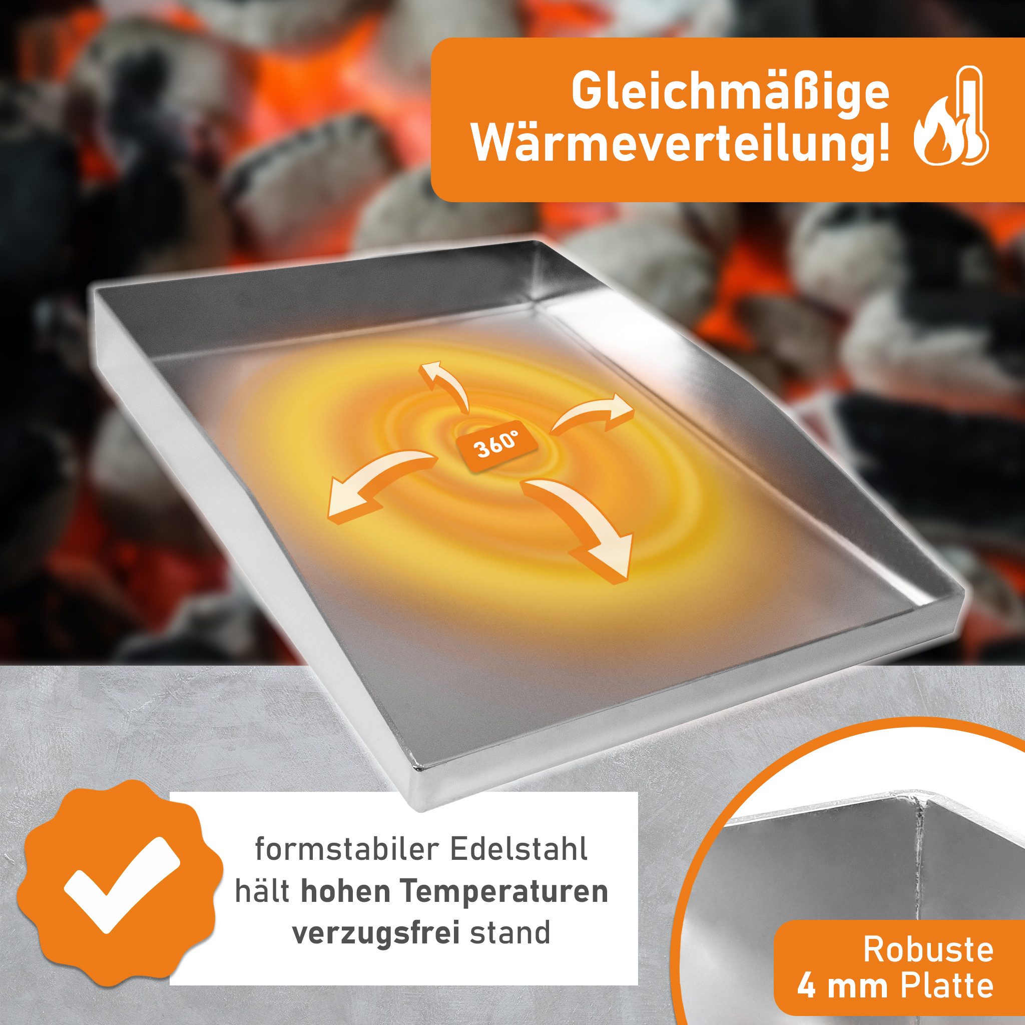 Lemodo Grillplatte Plancha aus Edelstahl 4 mm 40x29,5 cm mit Rand & Spachteln (Plancha, Spachtel gebogen, Spachtel flach), Edelstahl 4 mm dick