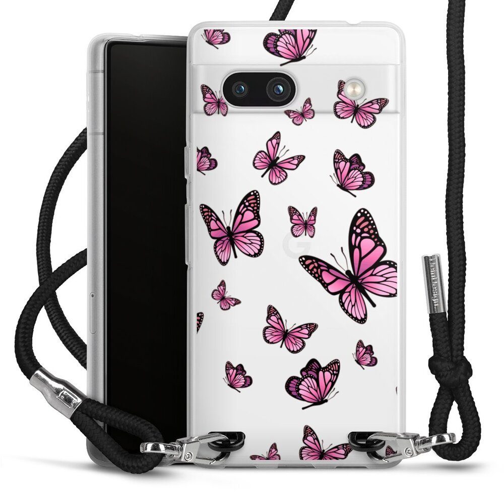 DeinDesign Handyhülle Schmetterling Muster Motiv ohne Hintergrund Schmetterlinge Pink, Google Pixel 7a Handykette Hülle mit Band Case zum Umhängen