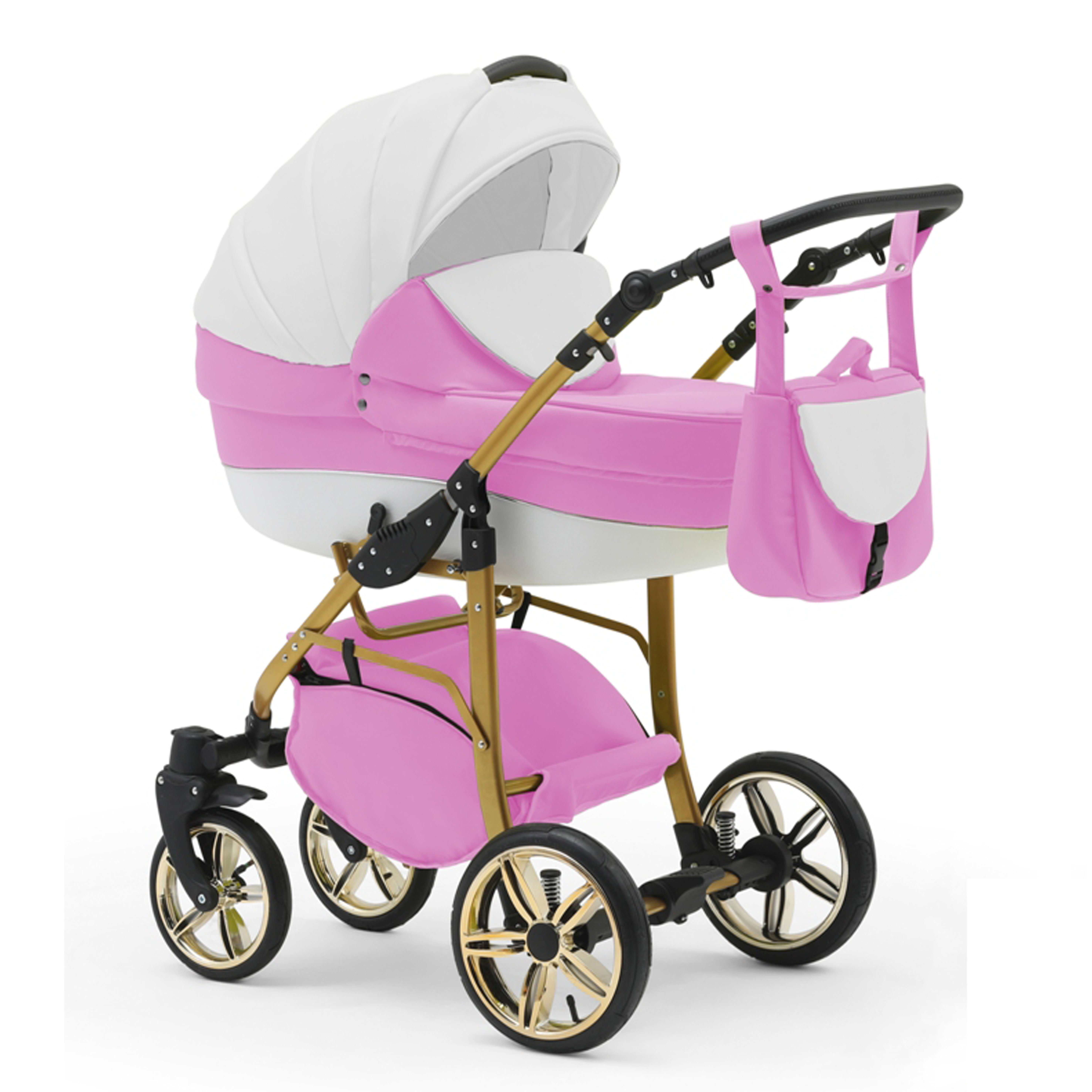babies-on-wheels Kombi-Kinderwagen 2 in 1 Kinderwagen-Set Cosmo ECO Gold - 13 Teile - in 46 Farben Weiß-Pink-Weiß