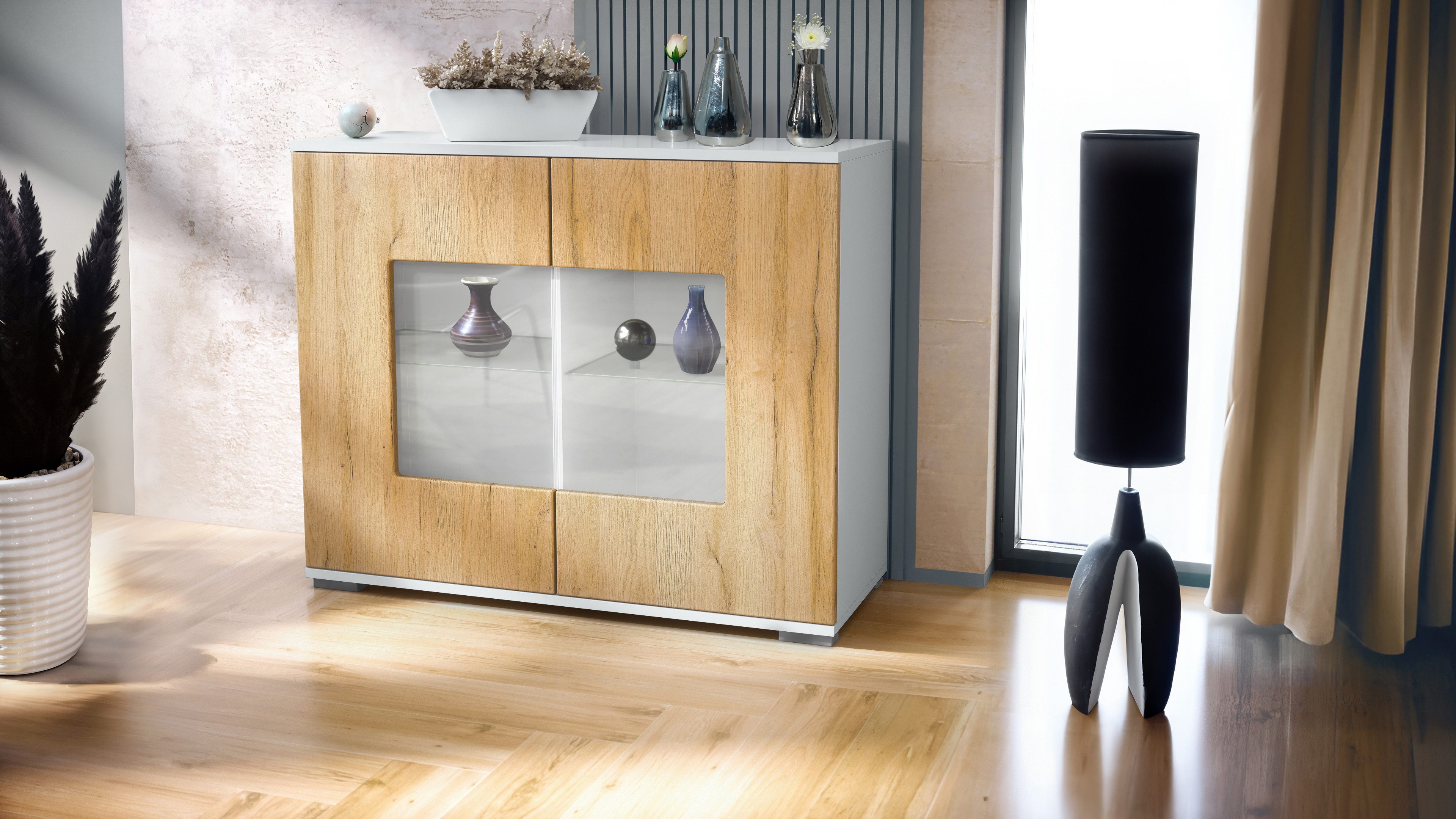 Vladon Kommode Grömitz V3 (Moderner Küchenschrank, mit 2 großen Glastüren), Weiß matt / Eiche Natur (92,5 x 75.5 x 35)