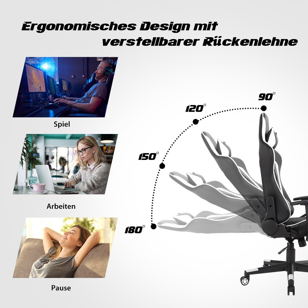 Lendenwirbelstütze weiß mit Kopf- höhenverstellbar, Gaming-Stuhl, & schwarz, COSTWAY