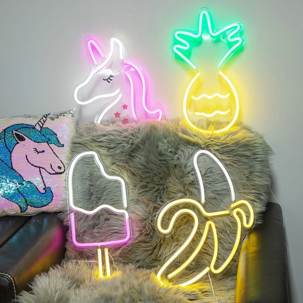 Rosnek LED Dekolicht Einhorn Nachtlicht, Neon transparenter mit SMD2835 Stern, LED, Eiscreme Gitarre für Schild mit USB Schlafzimmer Acrylrückwand Lampe, LED Mond