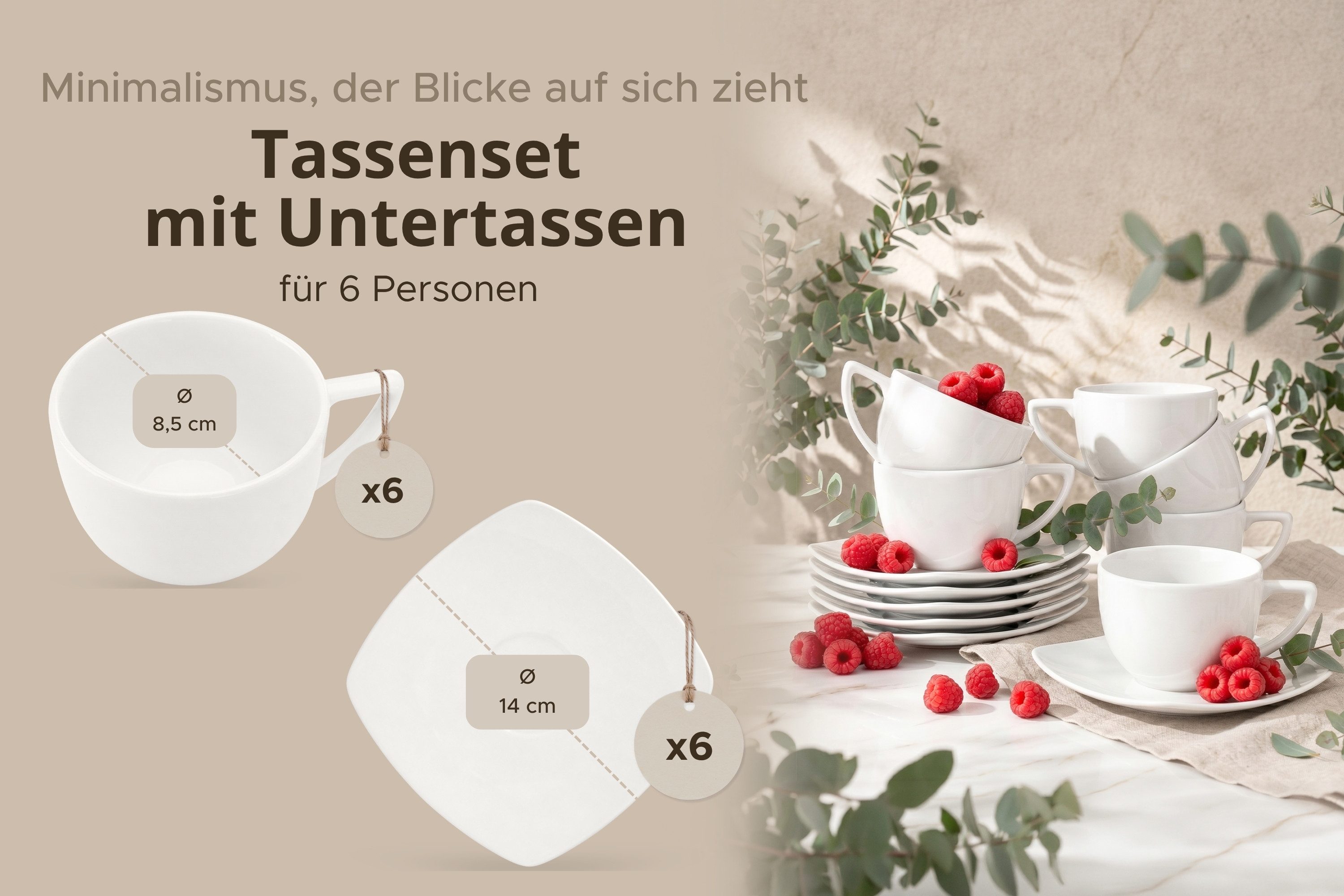 KONSIMO® Kaffeeservice CARLINA Kaffeetasse Untertasse (12-tlg), 6 Personen, Porzellan, Spulmachinen- und Mikrowellengeeignet, quadratisch – Bild 5 von 5