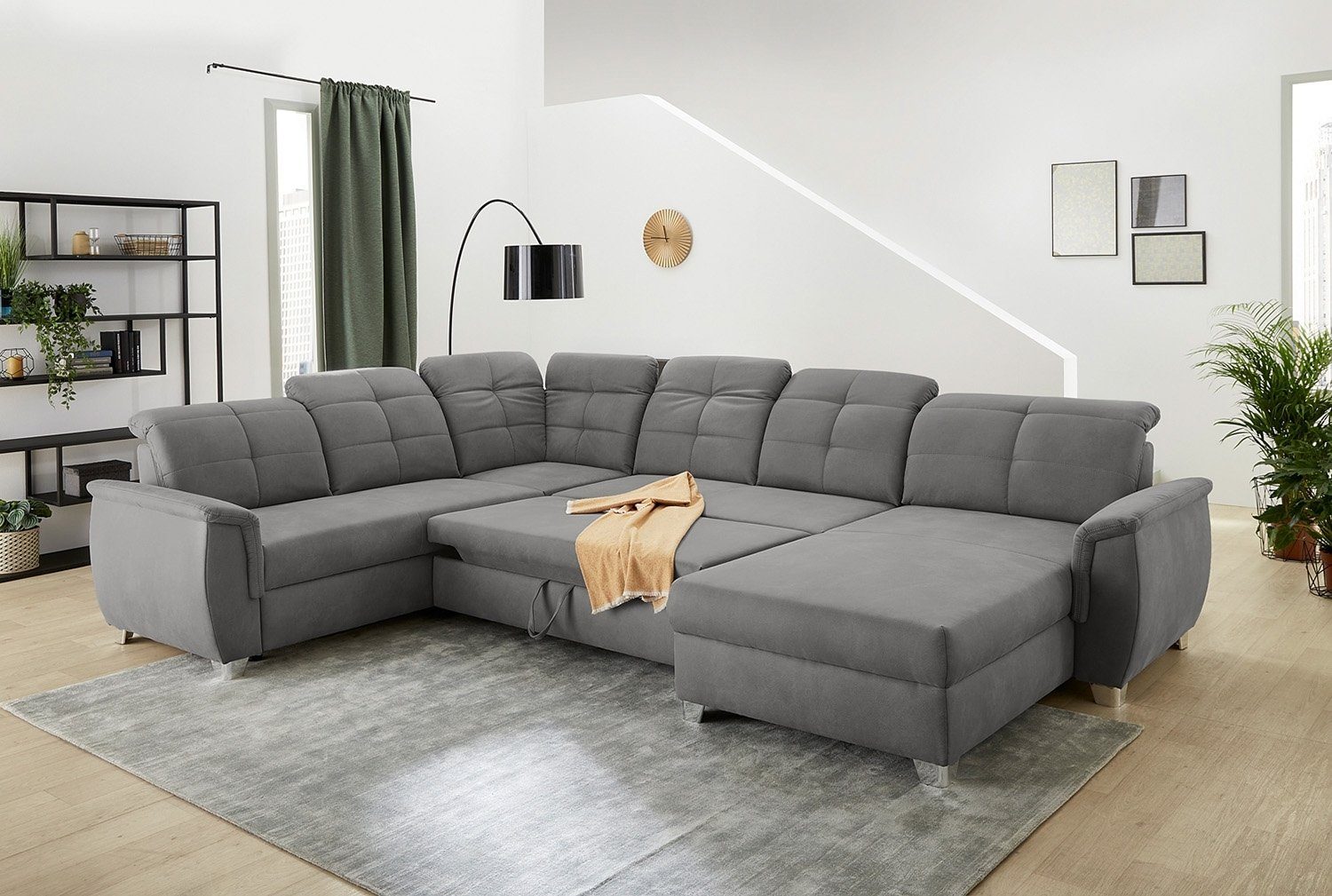 Sofa LIVORNO, B 354 cm x 265 cm, Grau, Mikrofaserbezug, Schlaffunktion, mit Bettkasten