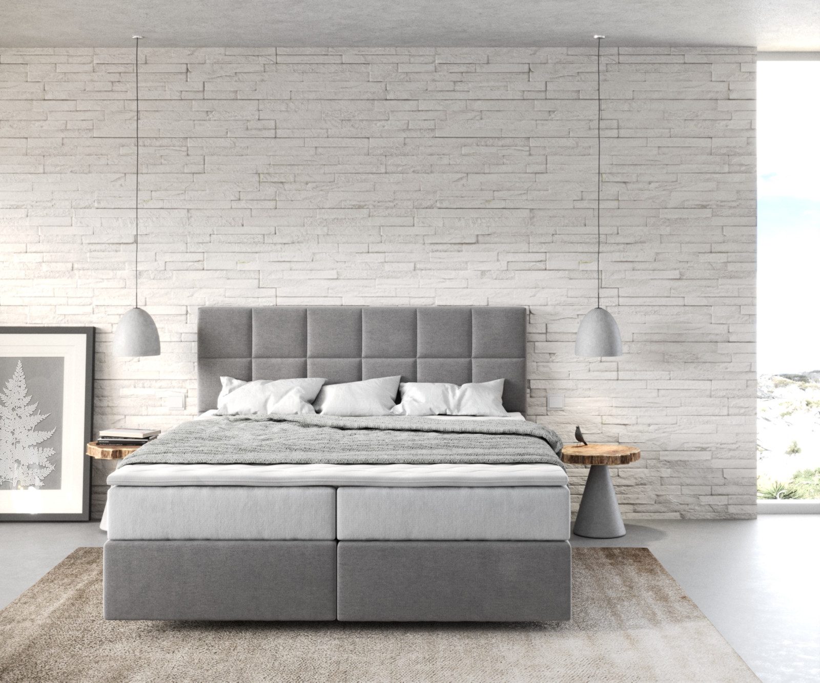 DELIFE Boxspringbett Dream-Fine, Mikrofaser Grau 160x200 cm mit TFK Matratze und Visco Topper