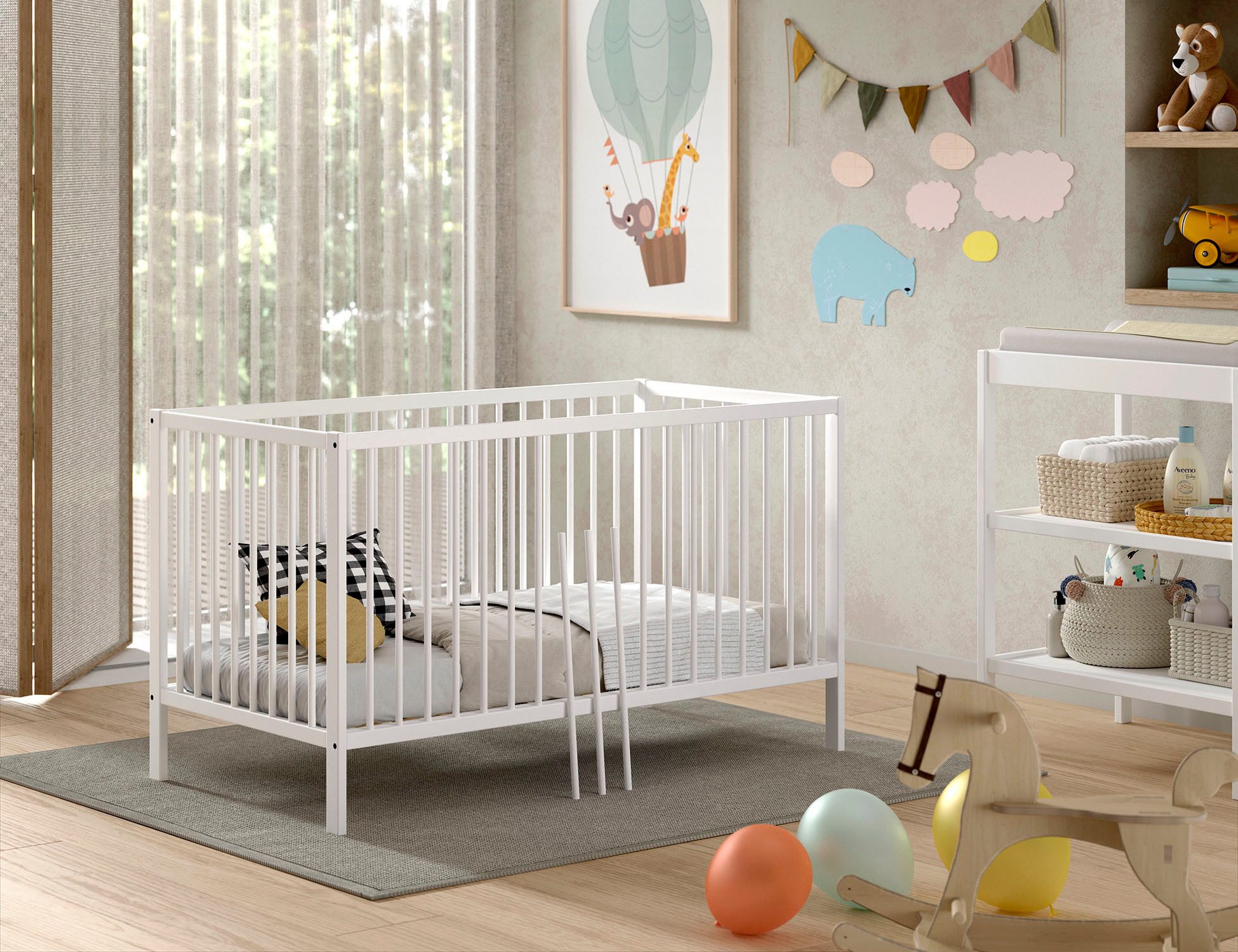 Vipack Babybett Dino 70/140 mit 3-fach verstellb. Lattenrost, inkl. 3 Schlupfsprossen, aus massiver Buche, umbaubar zum Juniorbett, wahlweise in 3 Farben