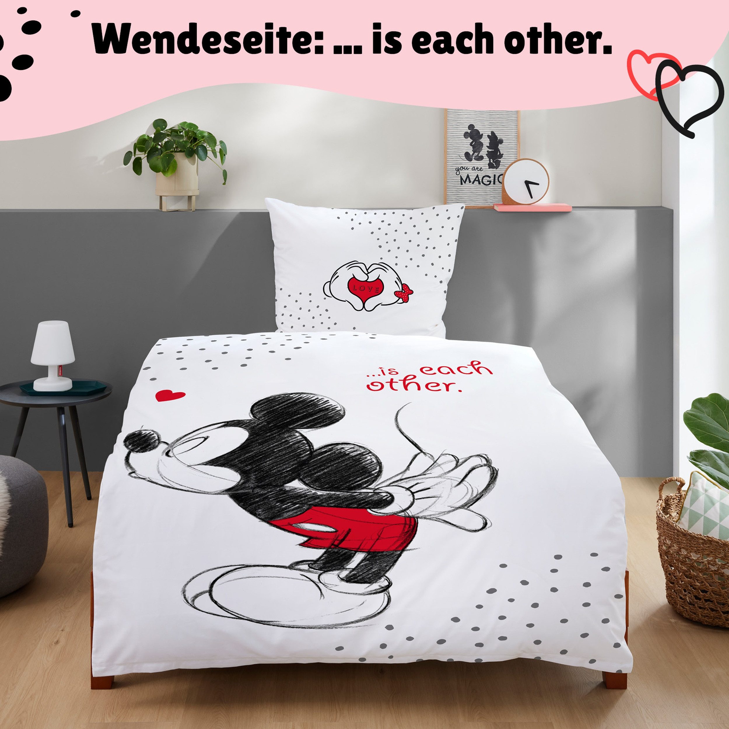 Familando Partnerbettwäsche Mickey & Minnie Mouse 2-teilig 135x200 80x80 cm aus 100% Baumwolle, Renforcé, 2 teilig, mit Liebesspruch über zwei Seiten – Bild 4 von 5
