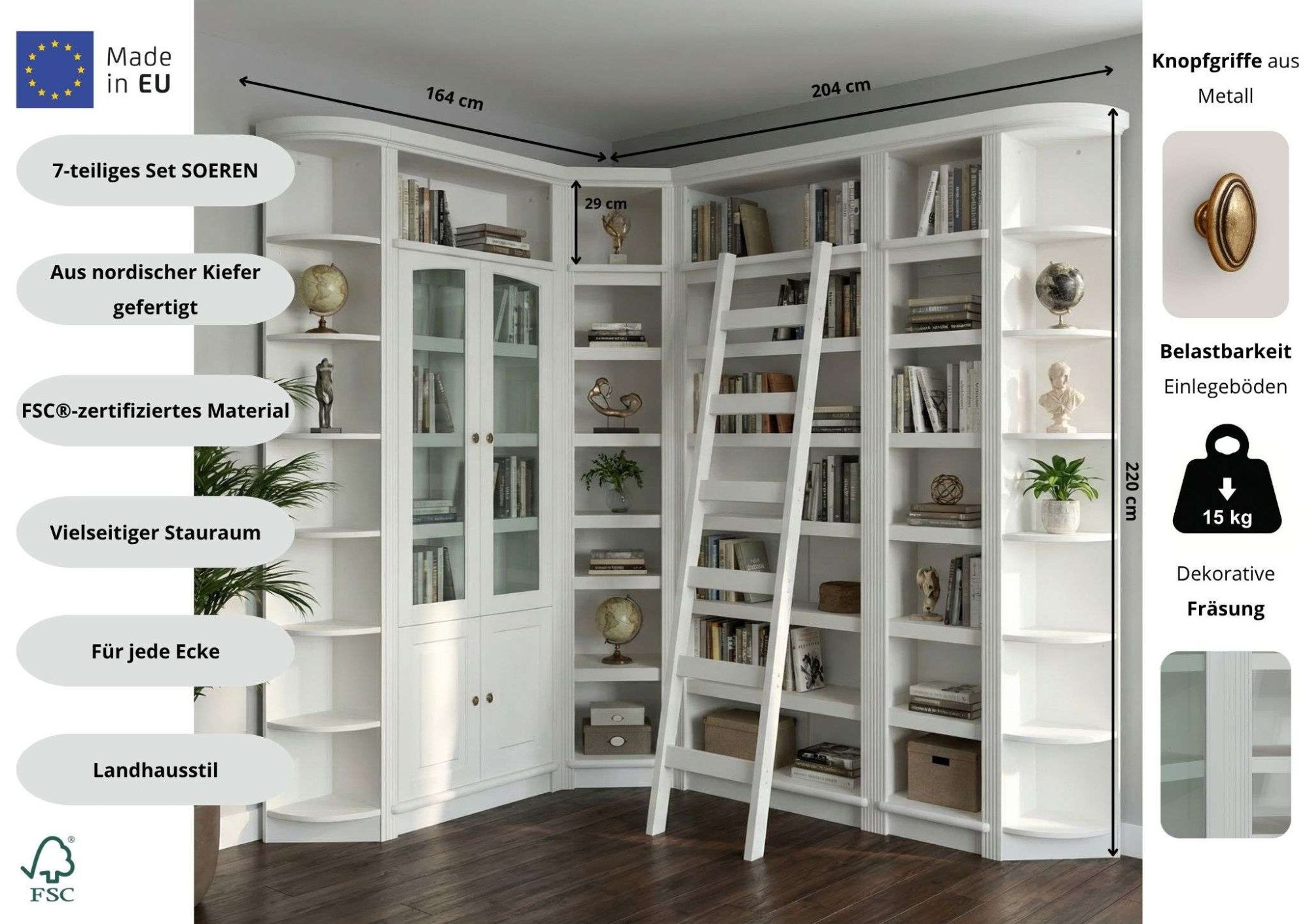 OTTO home Bibliothek Soeren - 7-tlg. Set: mit 1 Regal B 80 cm., 1 Regal B 40 cm, 1 Eckregal, Set 7-tlg., Inkl. 1 Vitrine,2 gerundeten Abschlussregalen und 1 Holzleiter,H220 cm