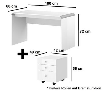 designimpex Couchtisch Schreibtisch HB-111 + Rollcontainer HN-555 Weiß Hochglanz 100cm