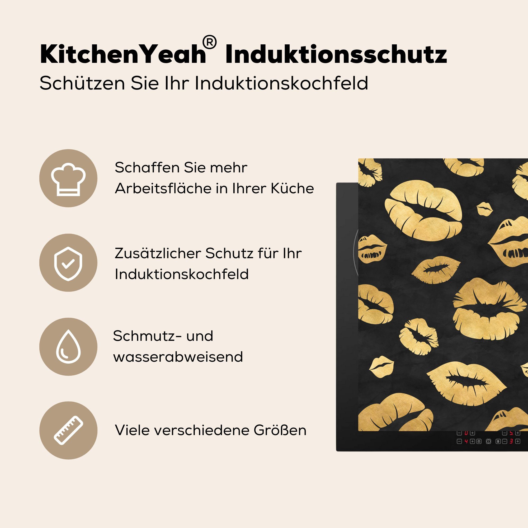 78x78 MuchoWow - tlg), Schwarz, Ceranfeldabdeckung, Vinyl, - Kuss Arbeitsplatte Gold (1 Muster - für Herdblende-/Abdeckplatte cm, küche