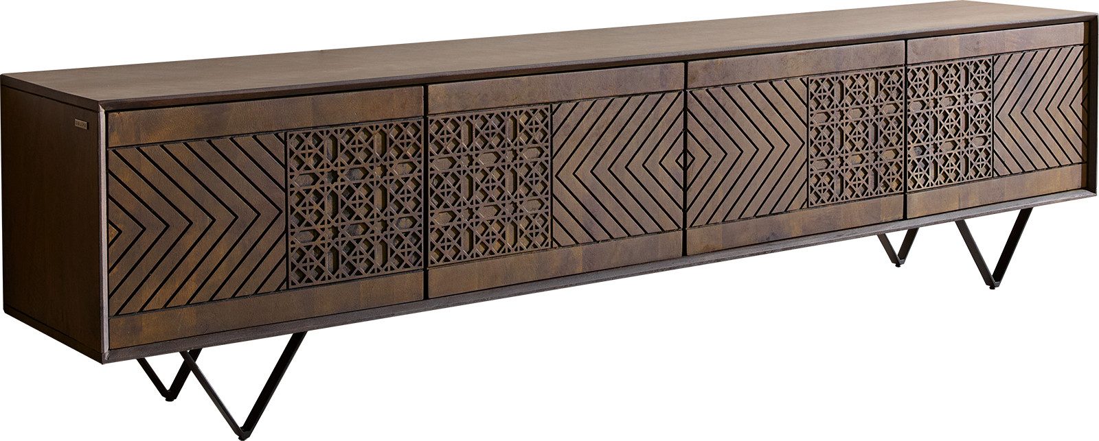 DELIFE Lowboard Manjula, Mango Dunkelbraun 200 cm 4 Türen V-Fuß Metall Schwarz Lowboard