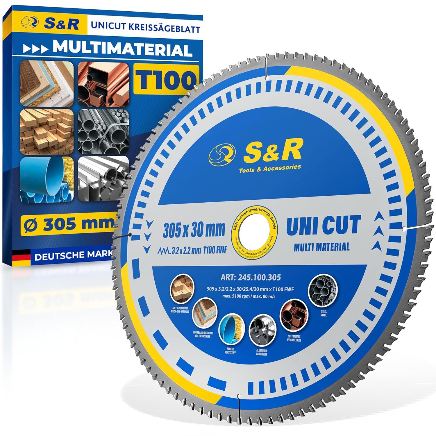 S&R Kreissägeblatt 254 x 30 x 3,2 mm 96T Multimaterial Uni Cut (Einzelsägeblatt, + Reduzierringe auf 25,4 mm und 20mm), 96 Hartmetallzähne, HM-Sägeblatt, Universales Sägeblatt
