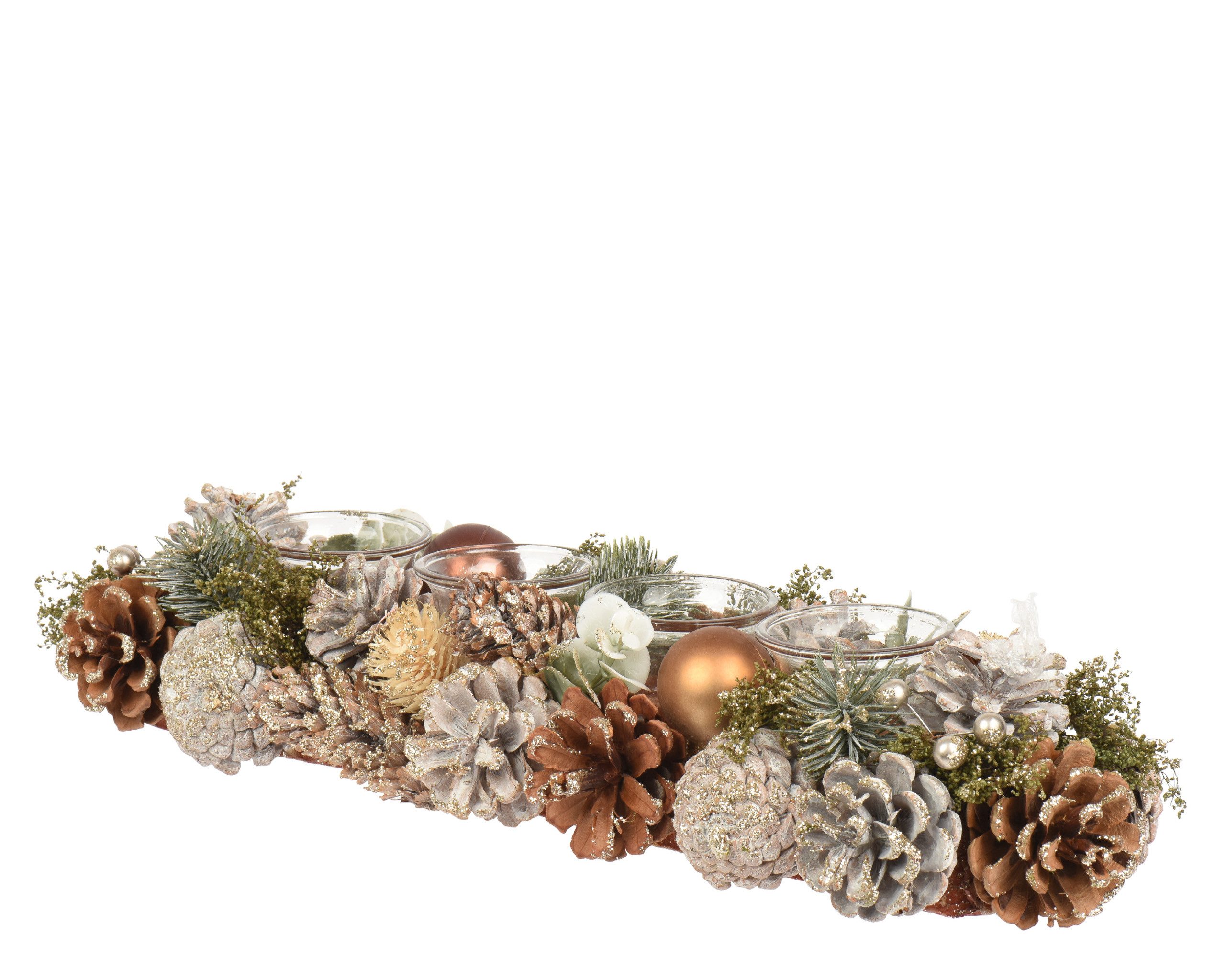 Kaemingk Dekokranz, Adventsgesteck 45cm aus Zapfen mit 4 Teelichthaltern Braun