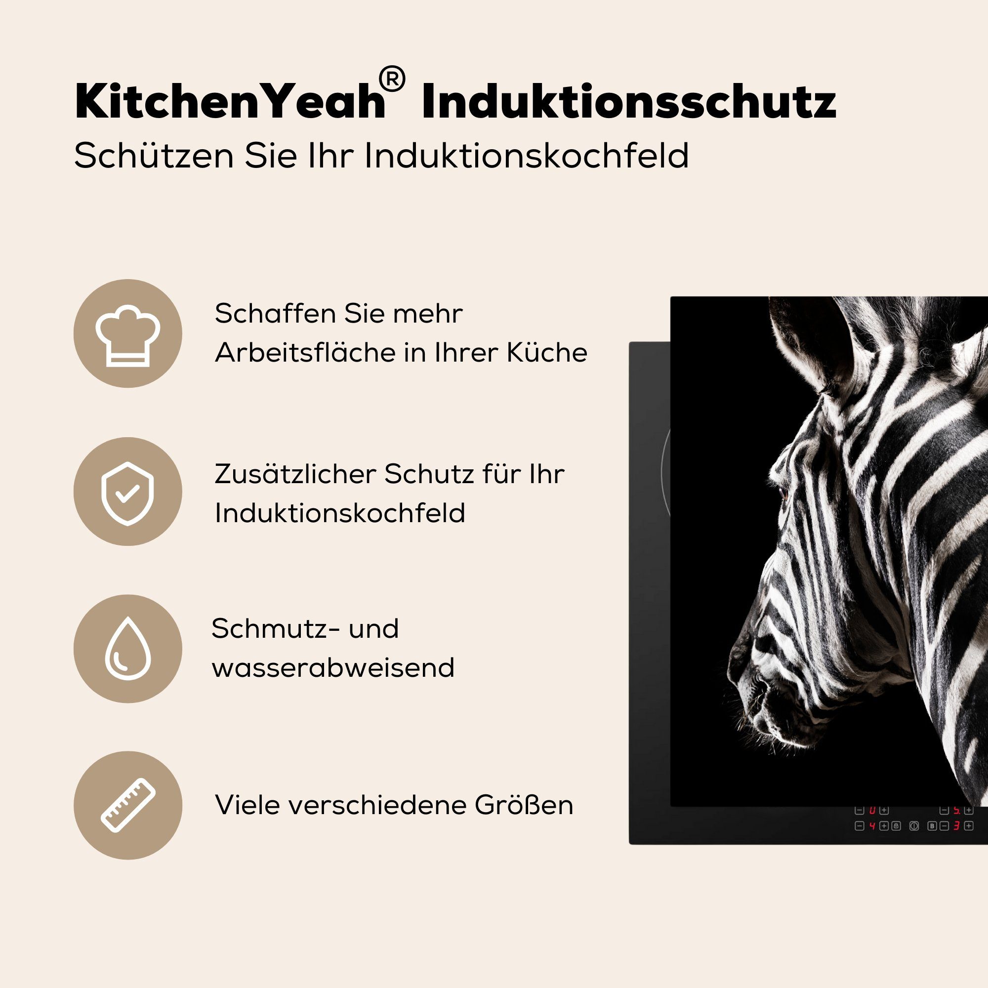 Schwarz Herdblende-/Abdeckplatte - Ceranfeldabdeckung, küche für - 78x78 (1 MuchoWow Tier Arbeitsplatte cm, - Zebra Porträt, tlg), Vinyl,