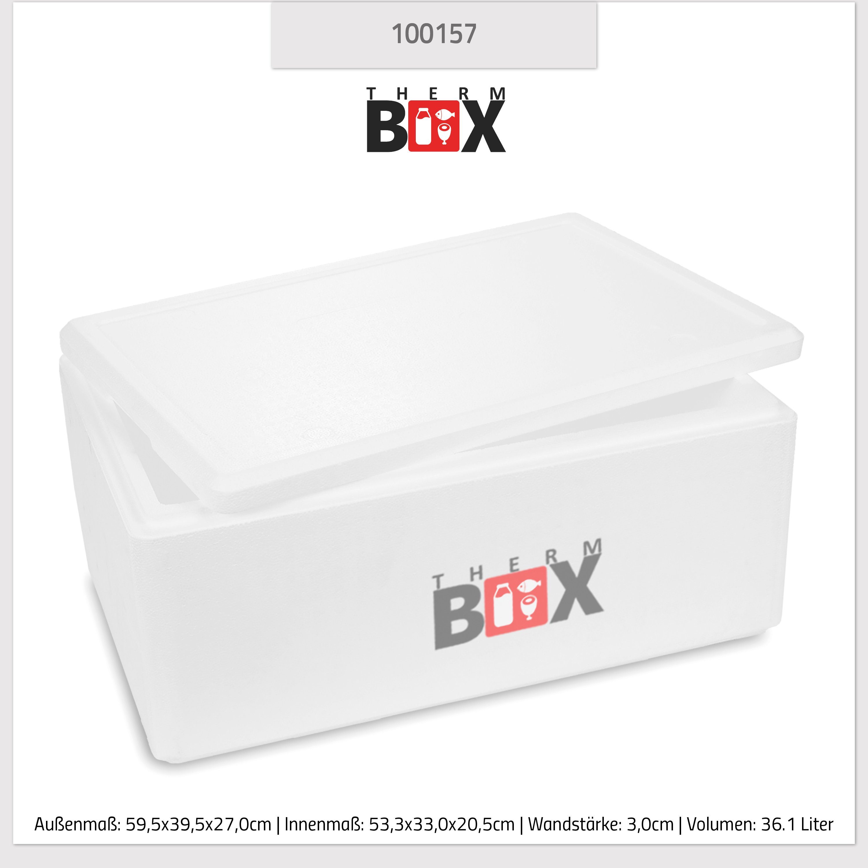 Box Styroporbox 3cm Deckel 36,1L mit 36W Kühlbox Isolierbox Thermobehälter THERM-BOX 0-tlg., Wiederverwendbar Thermobox (1, Innenmaß:53x33x20cm, Styropor-Verdichtet, Wand: Karton), im Warmhaltebox