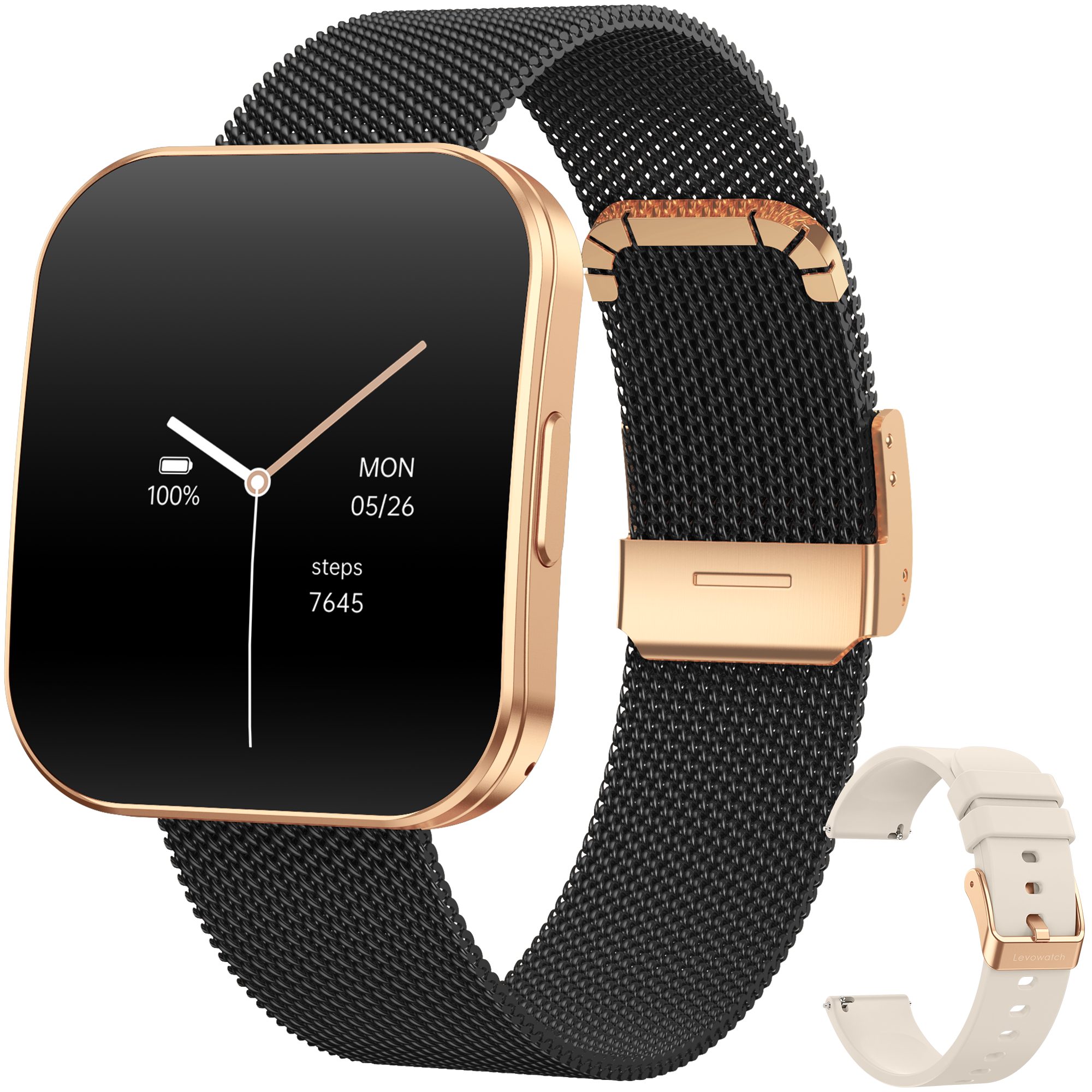 Levowatch TINY Damen Smartwatch, Sprachsteuerung, AMOLED Always-On, dünne 8mm Smartwatch (4.7 cm/1.8 Zoll, Android und iOS) Fitness Tracker Uhr, 3 Armbänder, Menstruationszyklus, wasserdicht, 8mm Metallgehäuse, 4-teilig, Damengröße, Telefon Funktion, Anrufe, Schrittzähler, Puls, Blutdruck, Stress- & Schlafüberwachung