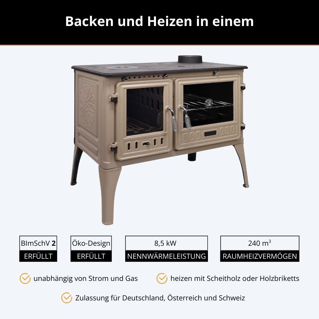 365 Kaminofen 365® Küchenherd Cook Lite beige emailliert 8,5 kW Gusseisen A+, 8,5 kW