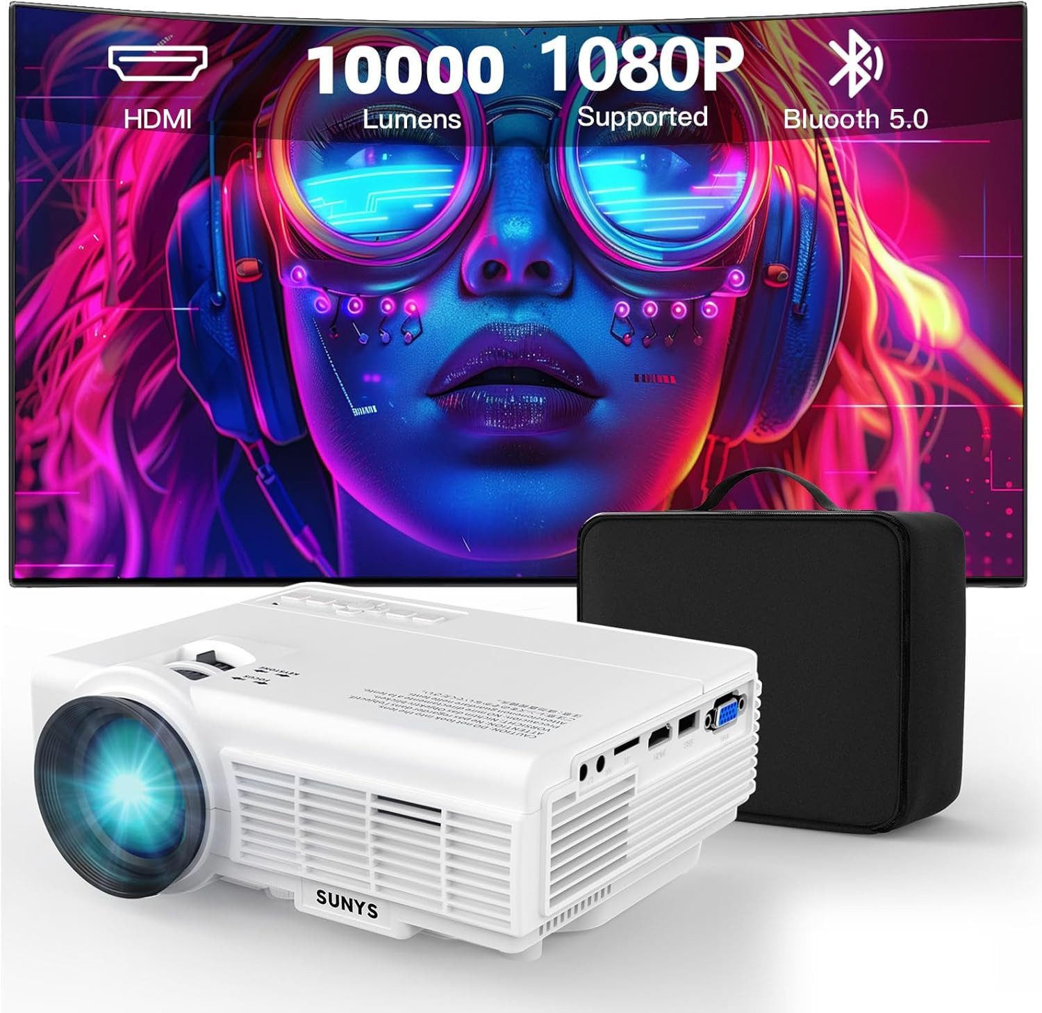 Vivitar mit 10000 Lumen, nativer 1080P Full HD Auflösung, 10.000:1 Kontrast Светодиодный проектор (HDMI, USB, Audioanschluss, integrierte HiFi-Lautsprecher, Bluetooth)
