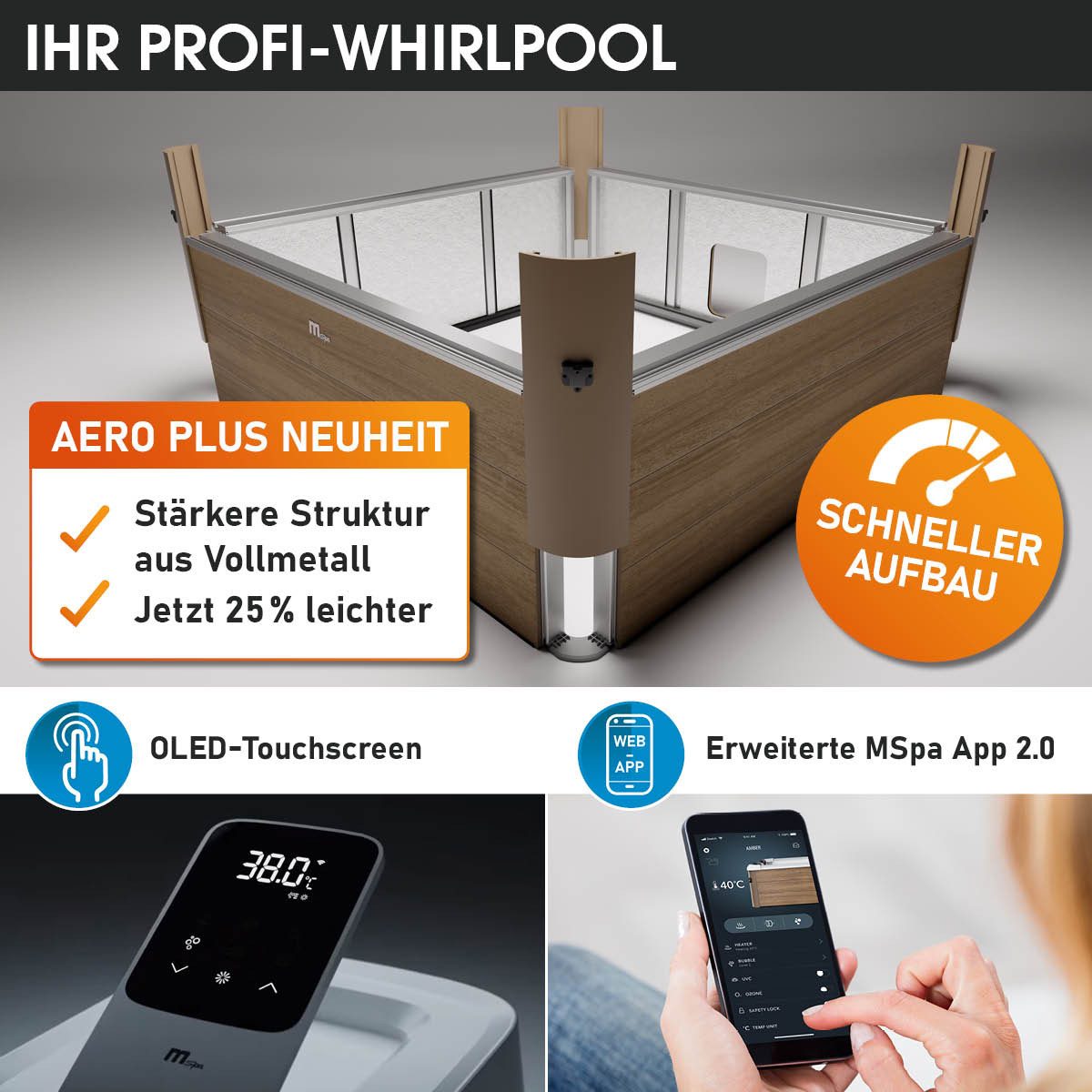 BRAST Whirlpool MSpa Oslo & Amber Aero Plus mit Fester Außenwand inkl. LED-Beleuchtung, Aufstellbecken, (für 6 Personen, 180x180x65cm, 140 Massagedüsen), Ganzjähriger Einsatz Winterfest, In & Outdoor Pool