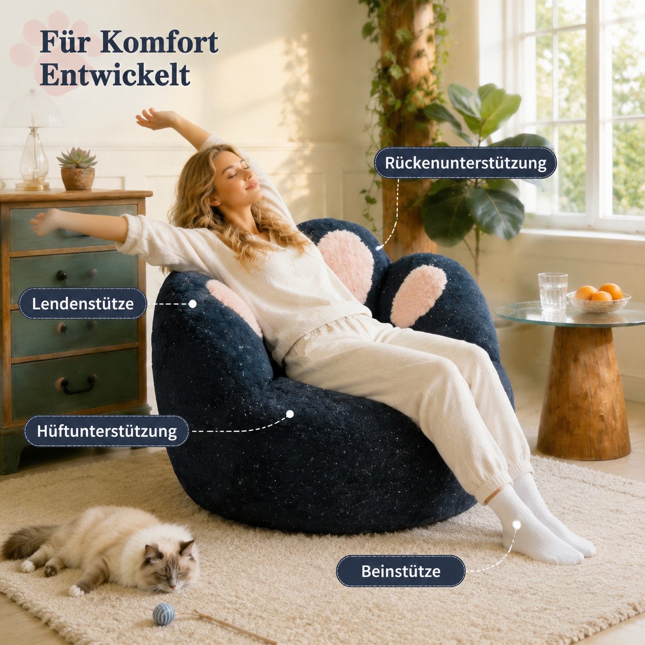 VUZINIC Sitzsack Süßer Katzenpfoten‑Sitzsack, glitzerndes Plüsch‑Bodensofa (1 St), rutschfest, montagefrei für Schlaf‑, Wohnzimmer & Studentenwohnheim – Bild 2 von 5