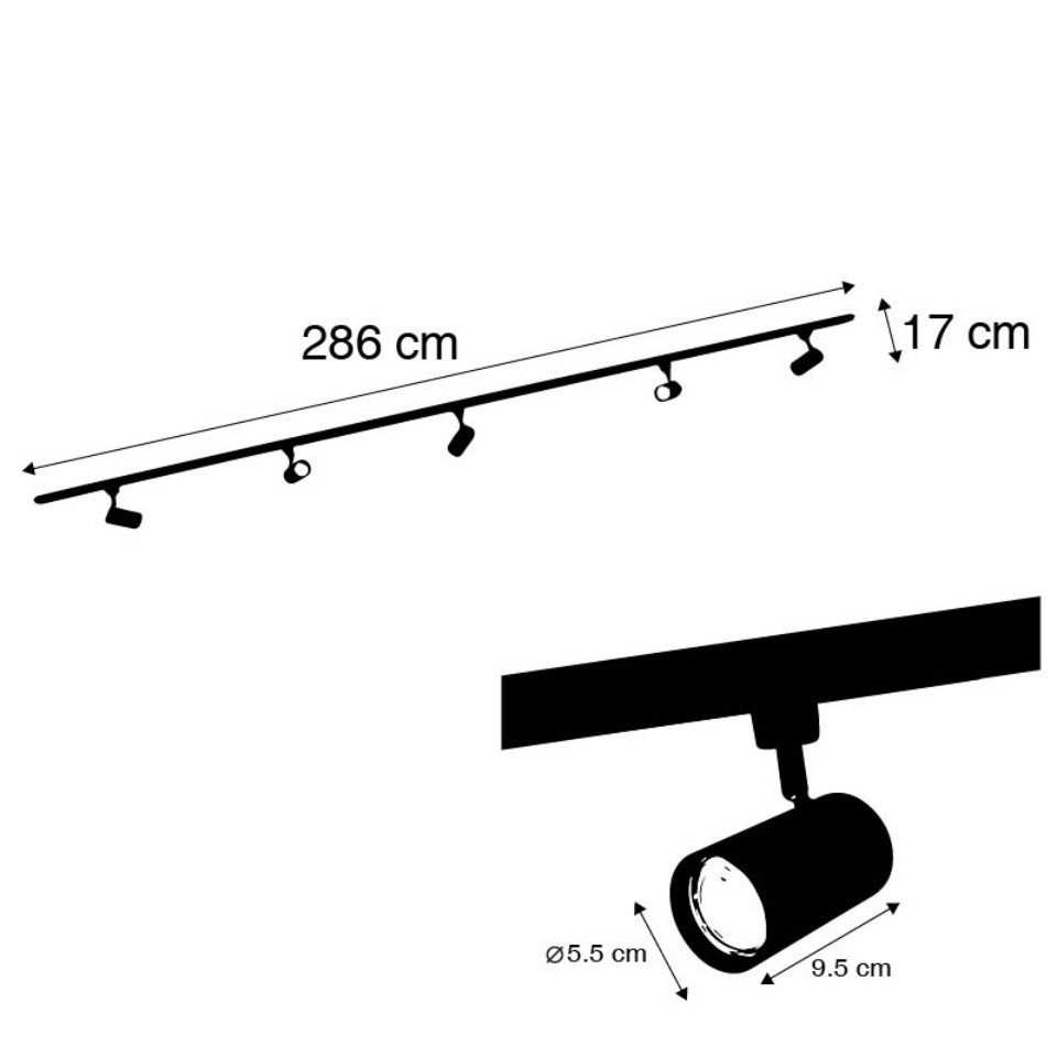 Qazqa Schienensystem-Sets Iconic jeana, 286 cm, (1-tlg), GU10, Schwarz, Modern, Stahl, Deckenstrahler 5-flammig