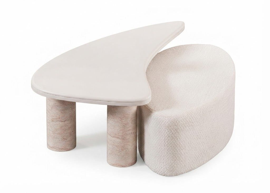 JVmoebel Satztisch Design Couchtisch mit Pouf Hocker Set Modern Beige Wohnzimmer (2-St., Couchtisch, Pouf)