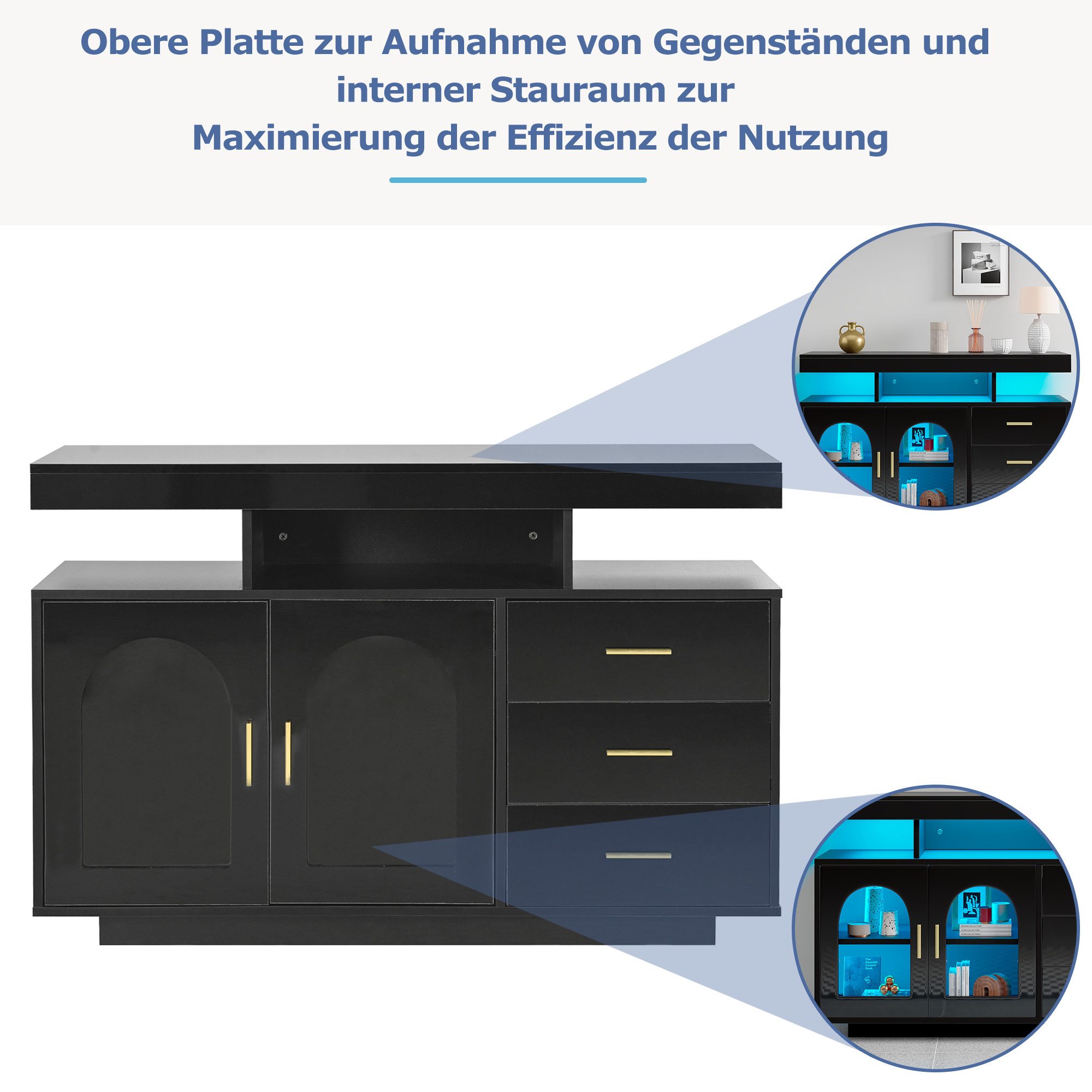 Merax Sideboard mit Hochglanzfront, Kommode mit 3 Schubladen und 2 Türen,inkl. LED,Buffet,Anrichte