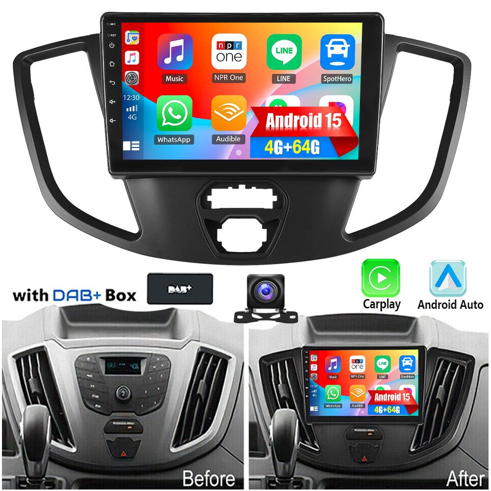 ESSGOO DAB+ Für Ford Transit 2015-2018 Android 15 GPS Navi CarPlay WIFI BT Autoradio (RDS, 4+64GB(optional), FM, AM, DAB+ (optional), GPS Navi Android Auto Bluetooth EQ USB WIFI IPS Touchscreen)