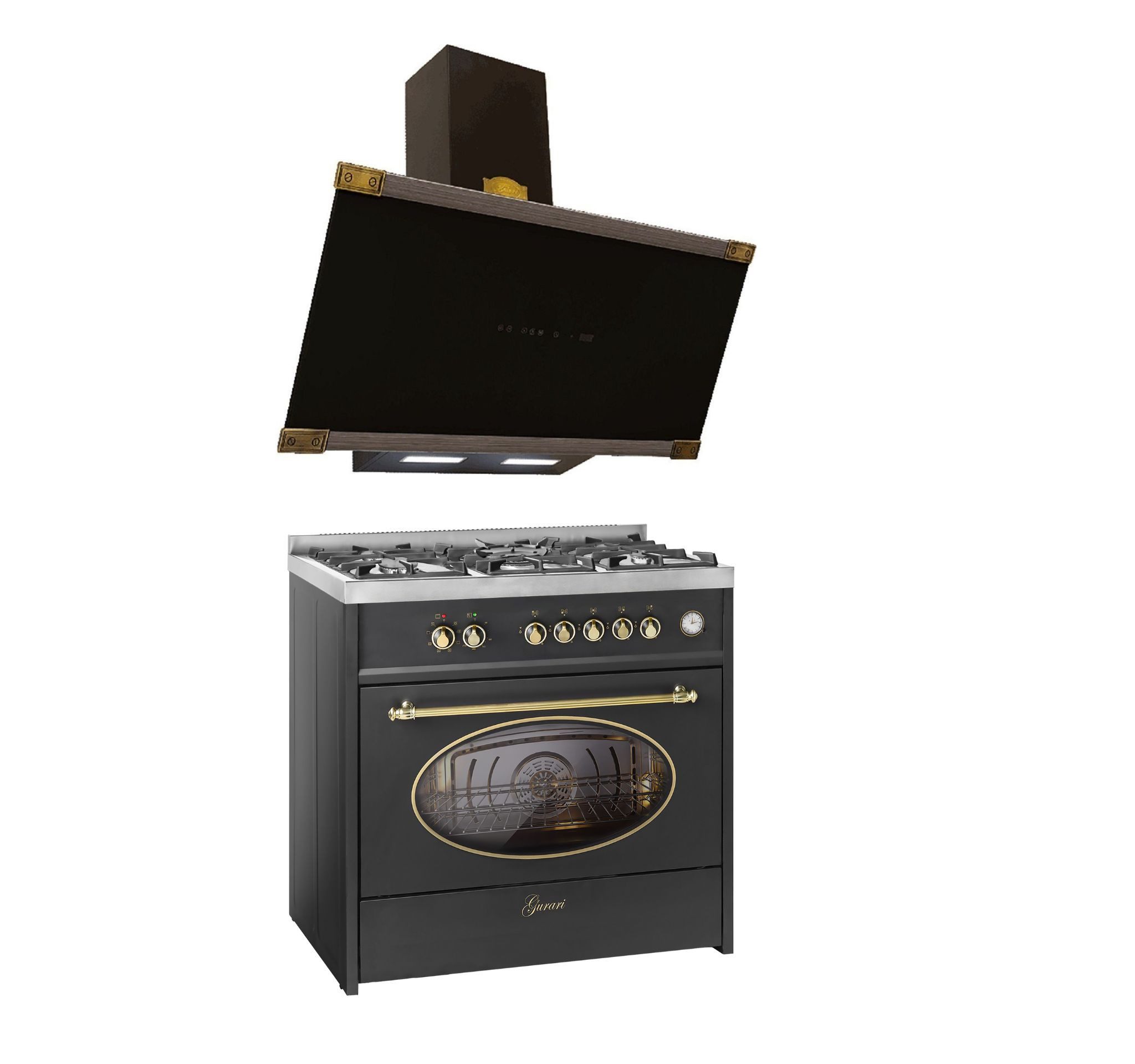 GURARI Gas-Standherd Retro Gas Elektro Standherd 90 cm Range Coocker 121L+Dunstabzugshaube 90 cm, 1250 m³/h GCH E 914 BL r+AT 9445 AD Eco, mit 1-fach-Teleskopauszug