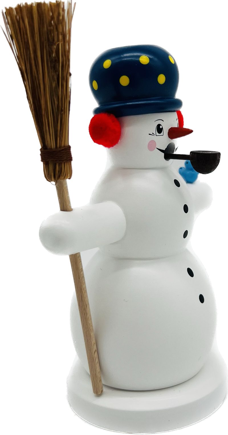 Richard Glaesser Räuchermännchen Schneemann mit Besen und Vogel, Höhe 15cm, Handwerkskunst original Erzgebirge