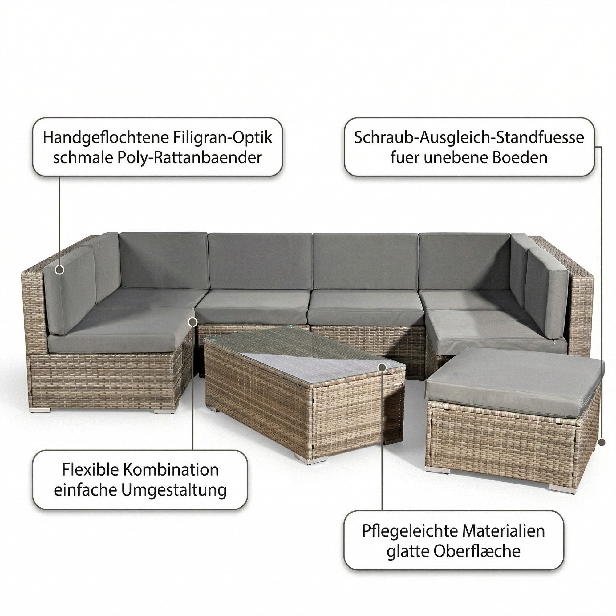 Mucola Gartenlounge-Set Lounge Gartenmöbel Set Sitzgruppe Polyrattan Gartenlounge Gartenmöbel, (Set, 1x Mehrteiliger Sofa 1x Ottomane 1x Tisch), Kissen inkl. Re – Bild 5 von 5