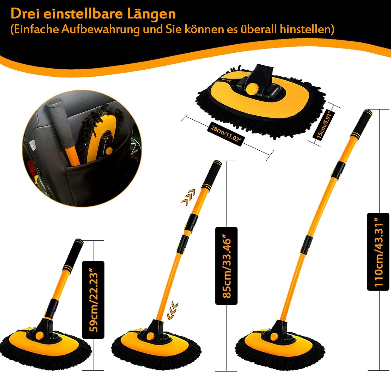 TUWENA Autowaschbürste 15° Bogen Mit Teleskopstiel 43" Weich Mikrofaser Mopp Langem Griff, (1-tlg), Für Wohnmobil Lkw Kfz Boot Kratzerfreie Waschset Detailing Bürste