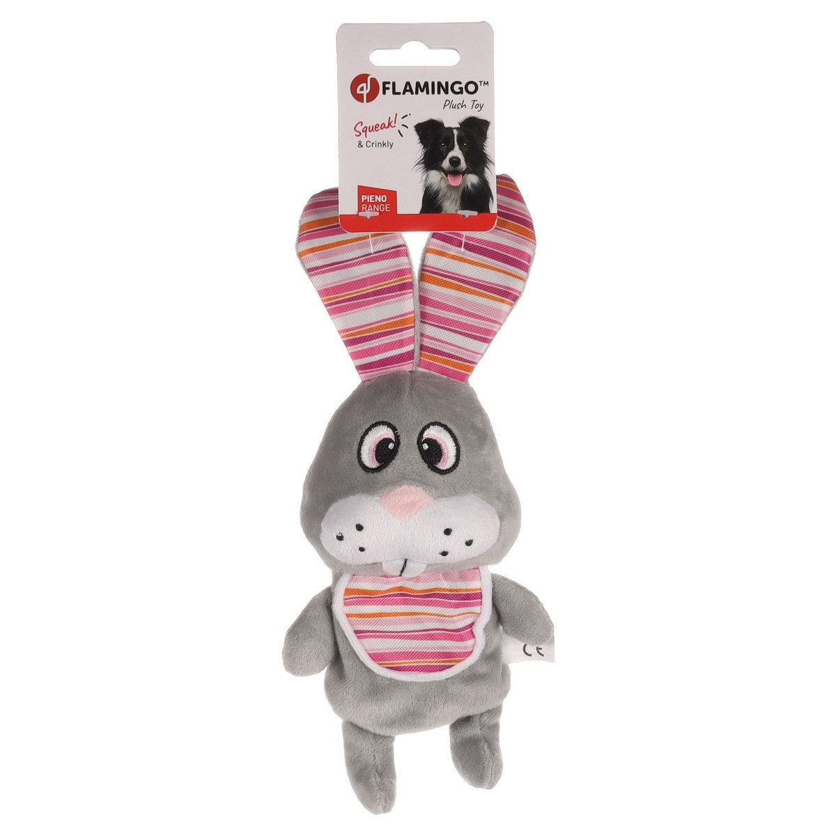 Flamingo Tierkuscheltier Hundespielzeug Pieno Kaninchen mit Latz grau