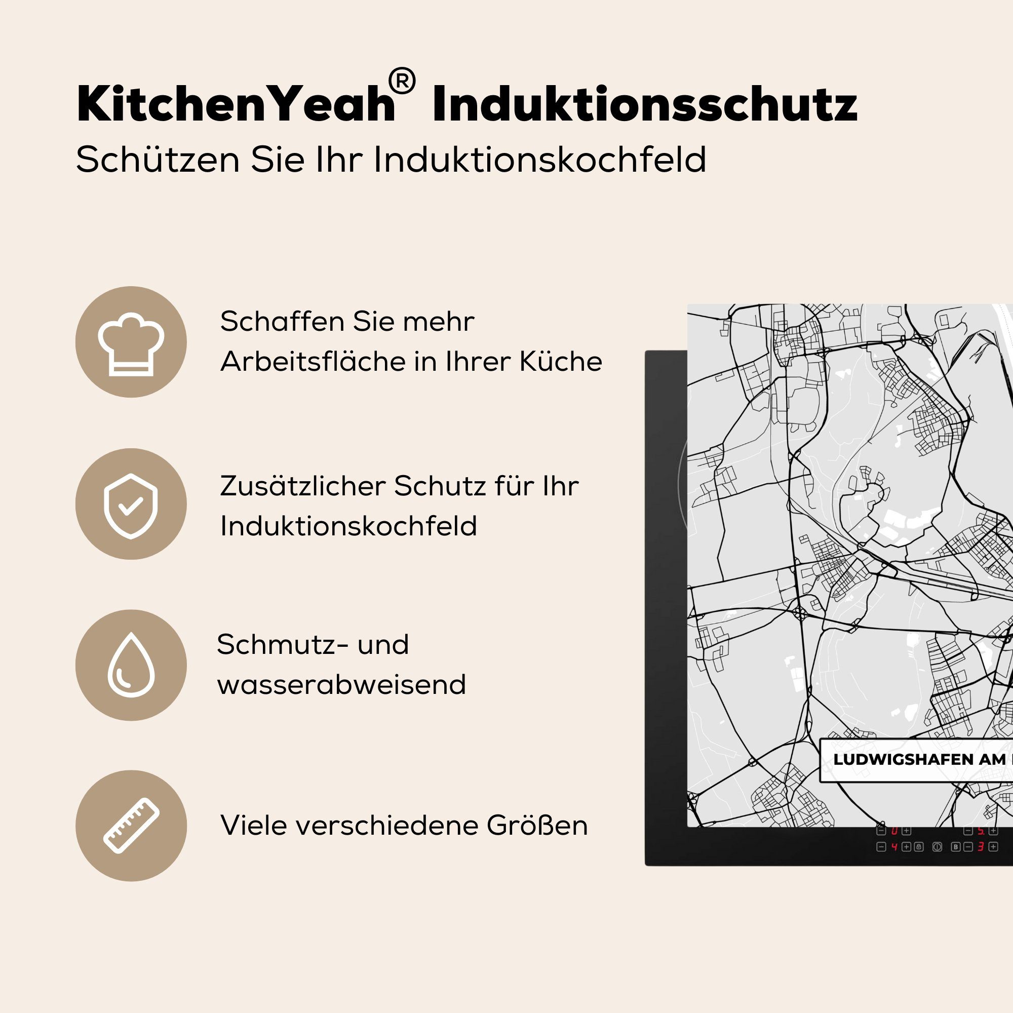 78x78 cm, - Rhein Ceranfeldabdeckung, Stadtplan, Vinyl, Arbeitsplatte - Karte Am Ludwigschafen (1 Herdblende-/Abdeckplatte für - Karte Deutschland - küche MuchoWow tlg),