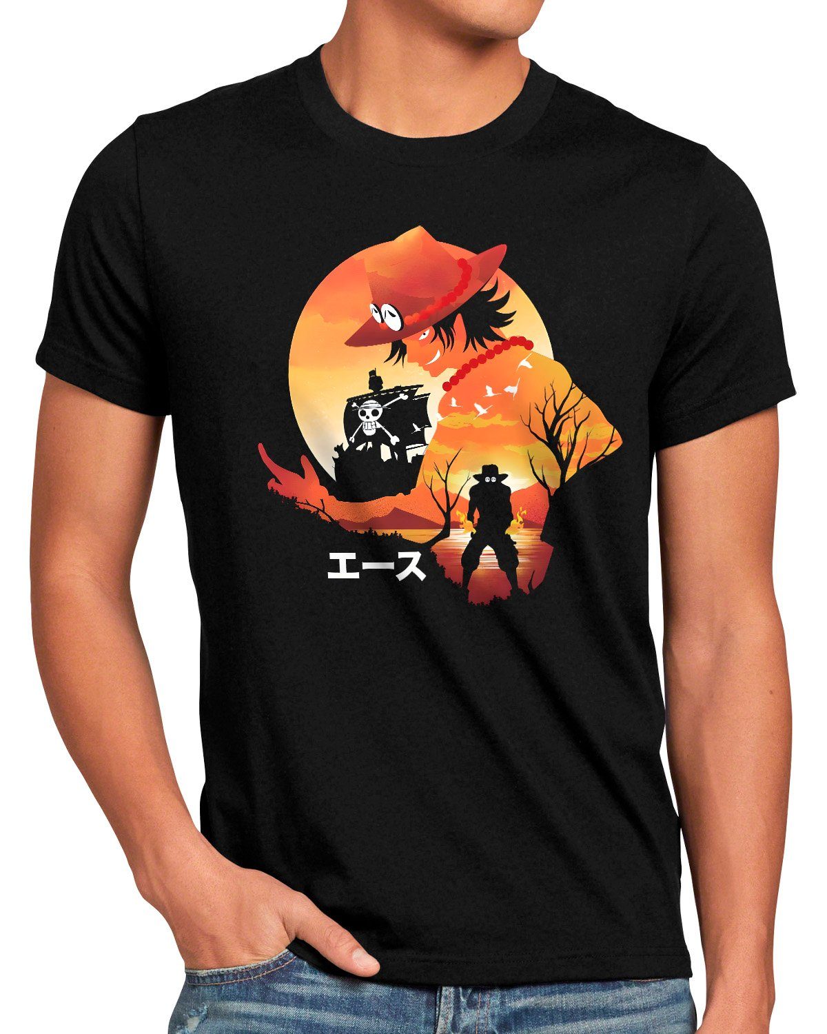 style3 Print-Shirt Herren T-Shirt Ace Sunset japan anime luffy manga one piece