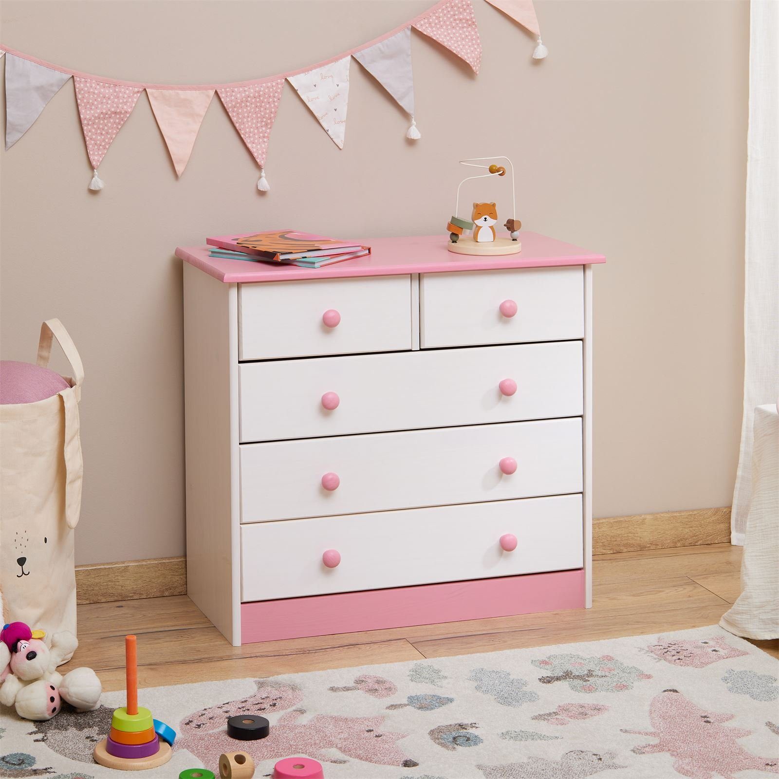 IDIMEX Kommode RONDO, Kommode Anrichte Sideboard mit 5 Schubladen Kiefer massiv lackiert in