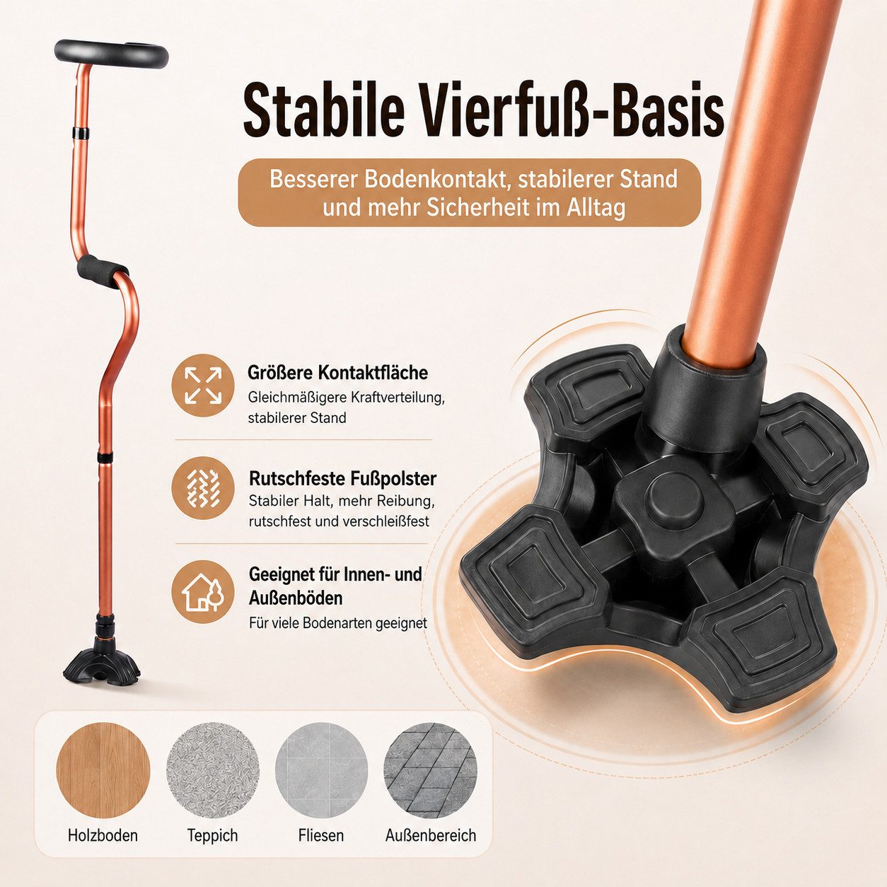 VEKROBOT Gehstock Rutschfester Vierfuß-Gehstock – sicher & ergonomisch für Senioren, 1-tlg., Rutschfeste Vierfuß-Basis für stabilen Stand