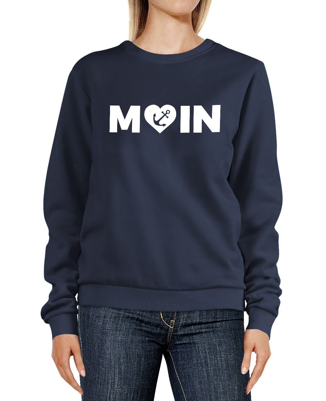 MoonWorks Sweatshirt Sweatshirt Damen Aufdruck Moin Herz mit Anker Rundhals-Pullover Pulli Sweater Moonworks® navy