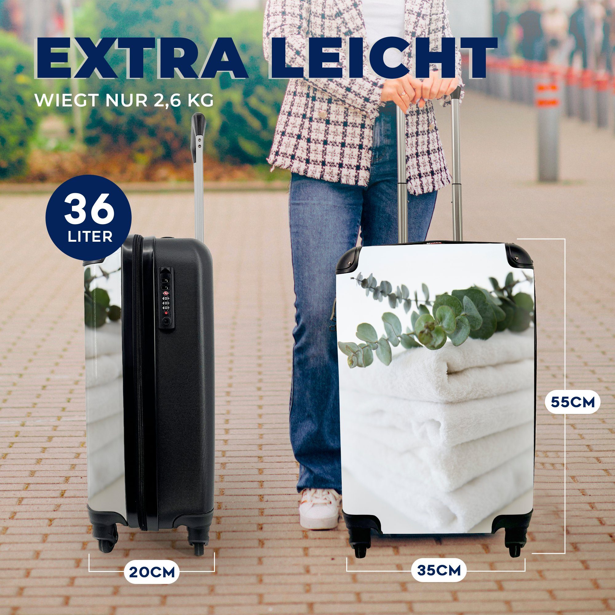 MuchoWow Handgepäckkoffer mit für Eukalyptusblätter 4 Reisekoffer Handtüchern, auf Ferien, rollen, Rollen, Reisetasche Trolley, weißen Handgepäck